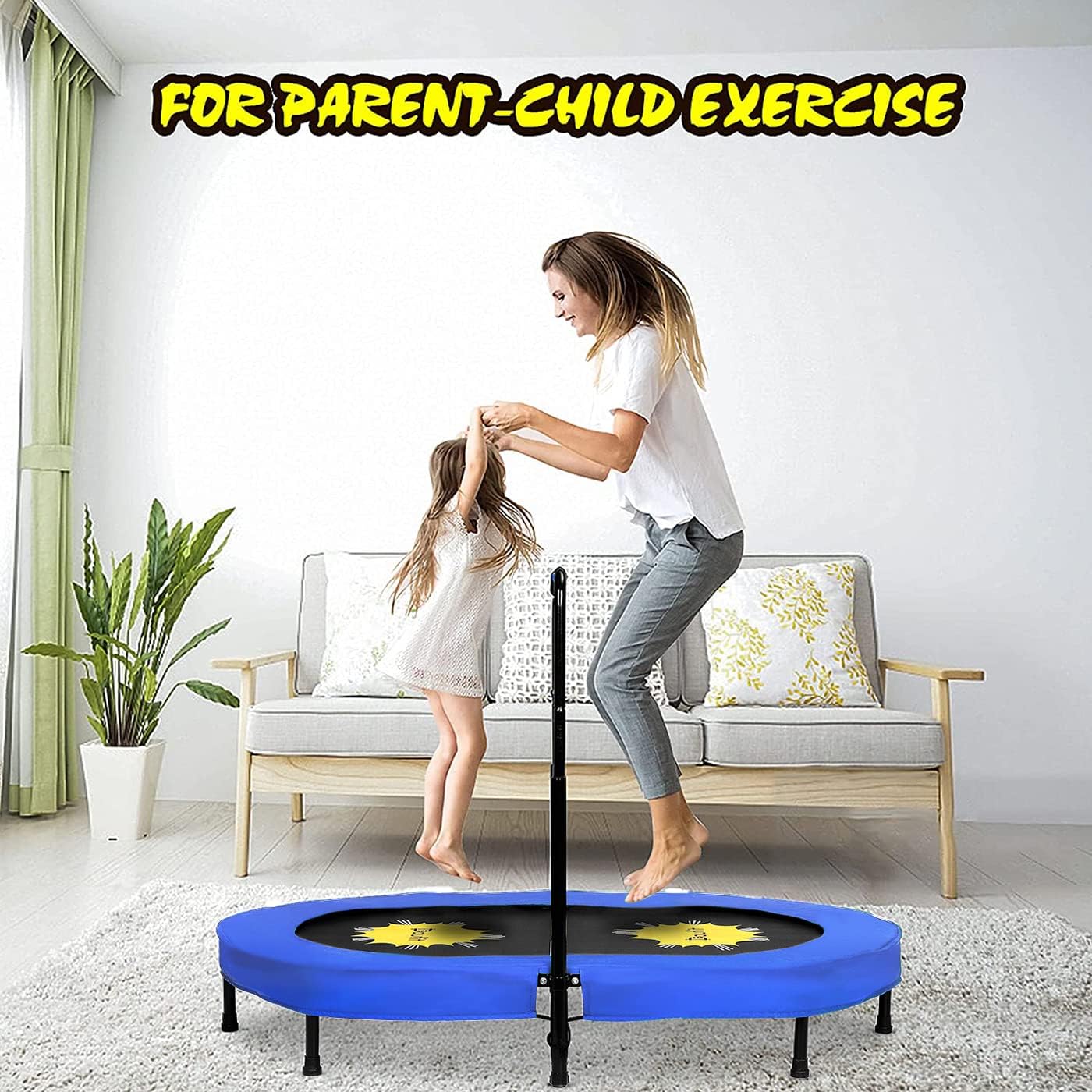 Indoor Trampoline for 2 Kids and Adults with Adjustable Handle, Doufit Double Small Trampoline for Toddler Jump Exercise Holds up to 220 Lbs