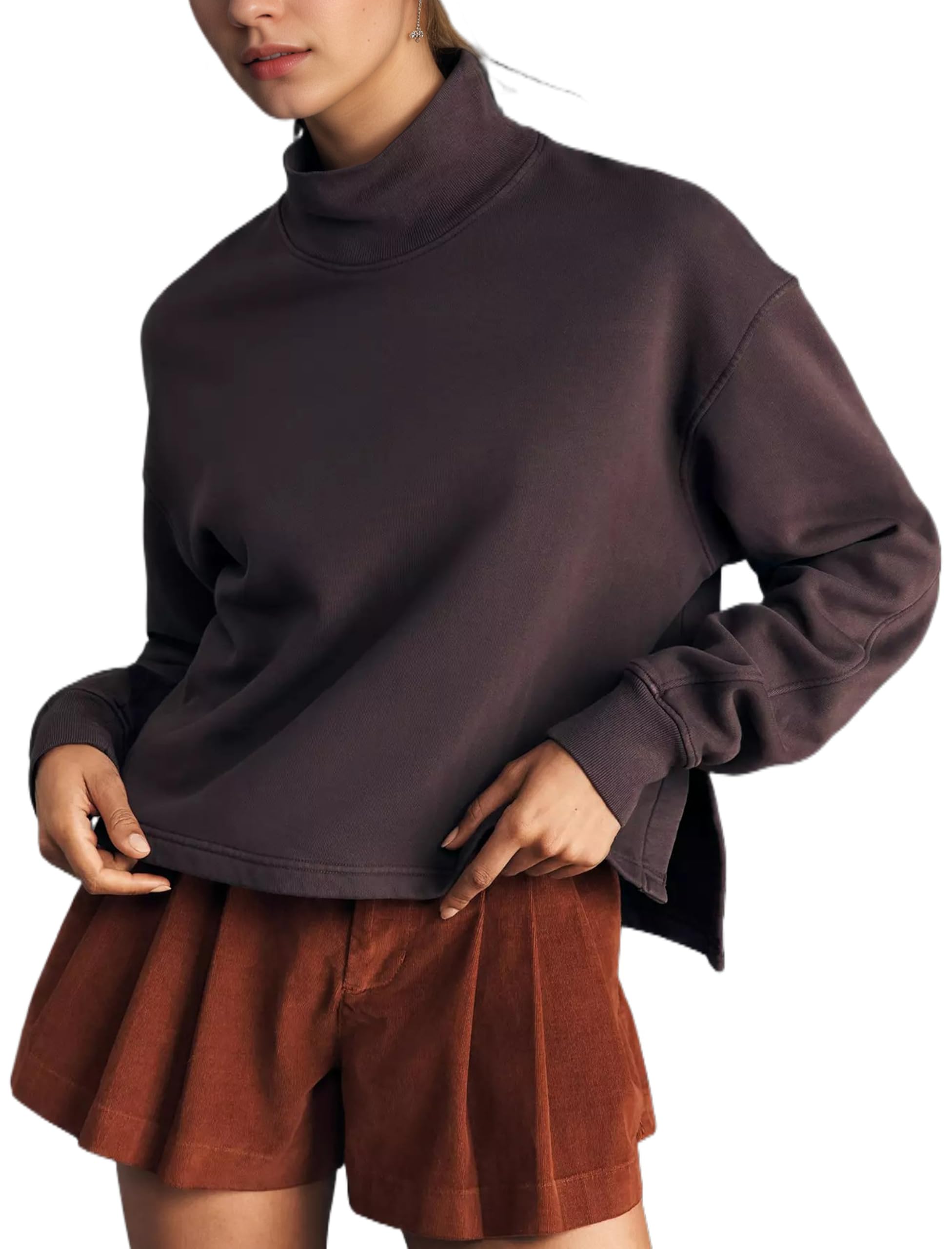 ythomm Women Turtleneck Sweatshirts Long Sleeve Side Slit Casual High Low Hem Drop Shoulder Sweatshirts-picture-17