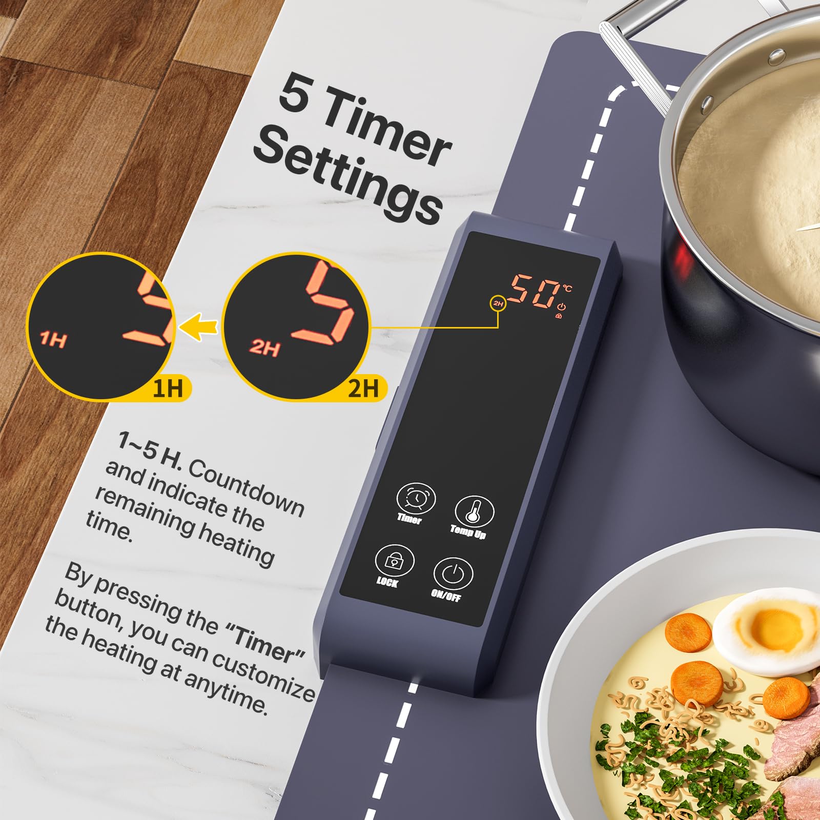 Vassoio Riscaldante Elettrico, Tappetino Riscaldante Cucina con 6 Temperature e 5 Timer, Blocco Bambini Rassicurante, Il Silicone a Preriscaldamento Rapido è Facile da Pulire e Riporre