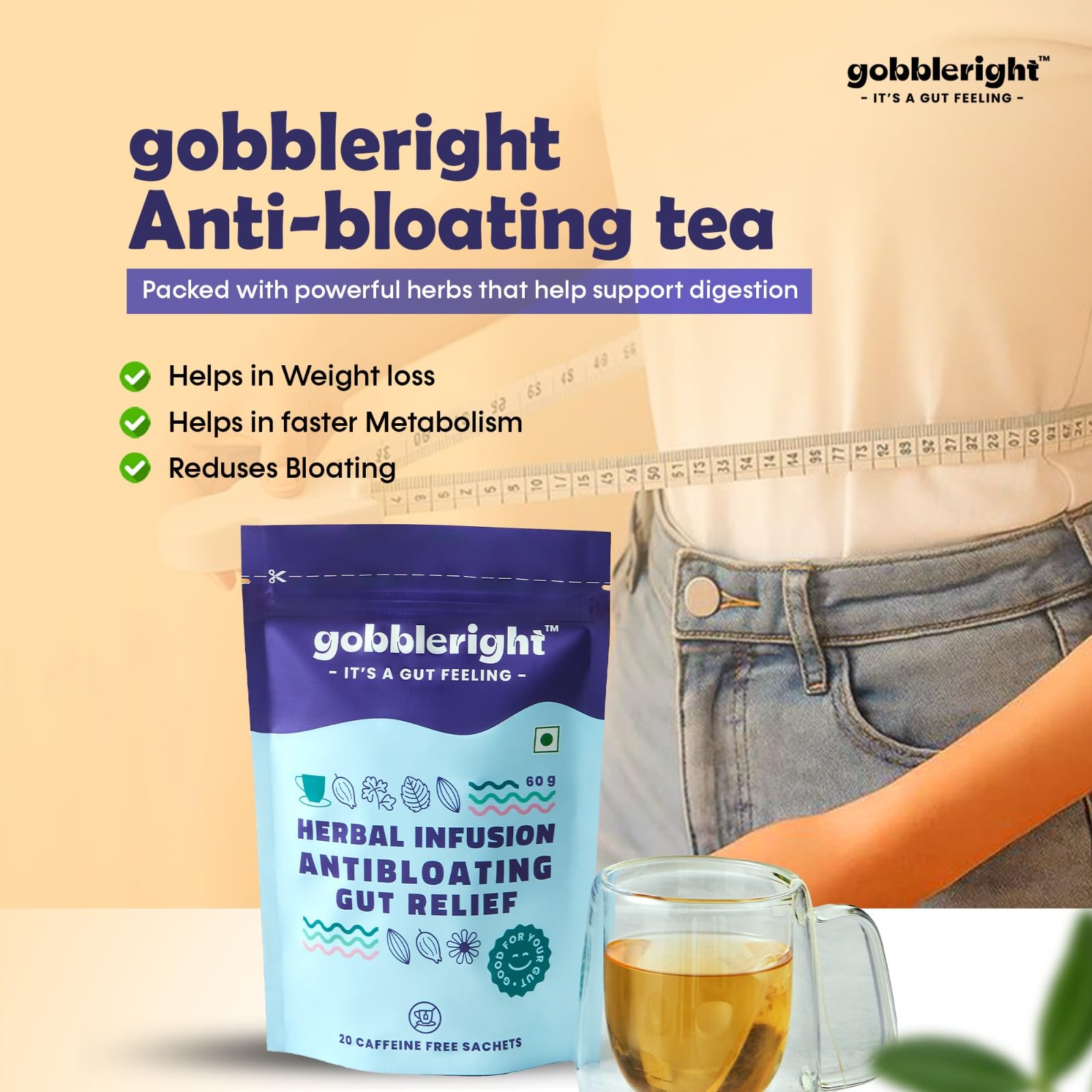 GOBBLERIGHT Herbal Anti Bloating Gut Relief Tea (80 Sachets) | For Digestion, Constipation & Gas Relief | Chamomile, Peppermint & Ajwain | Detox Tea for Gut Health, Sleep & Comfort | Caffeine Free
