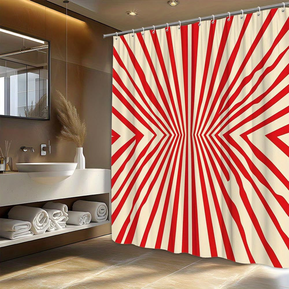Zasłona prysznicowa w czerwono-białe paski promieniowe i ukośne z haczykami w zestawie, wzór z iluzją optyczną, do łazienki (240 x 200 cm // szerokość x wysokość)