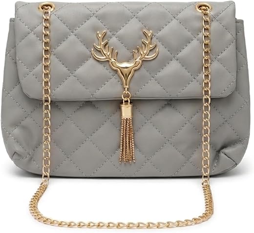 De Eule Grey Quilted Sling Bag for Women | Stylish Crossbody Shoulder Handbag with Gold Chain Strap | Designer Mini Purse ...