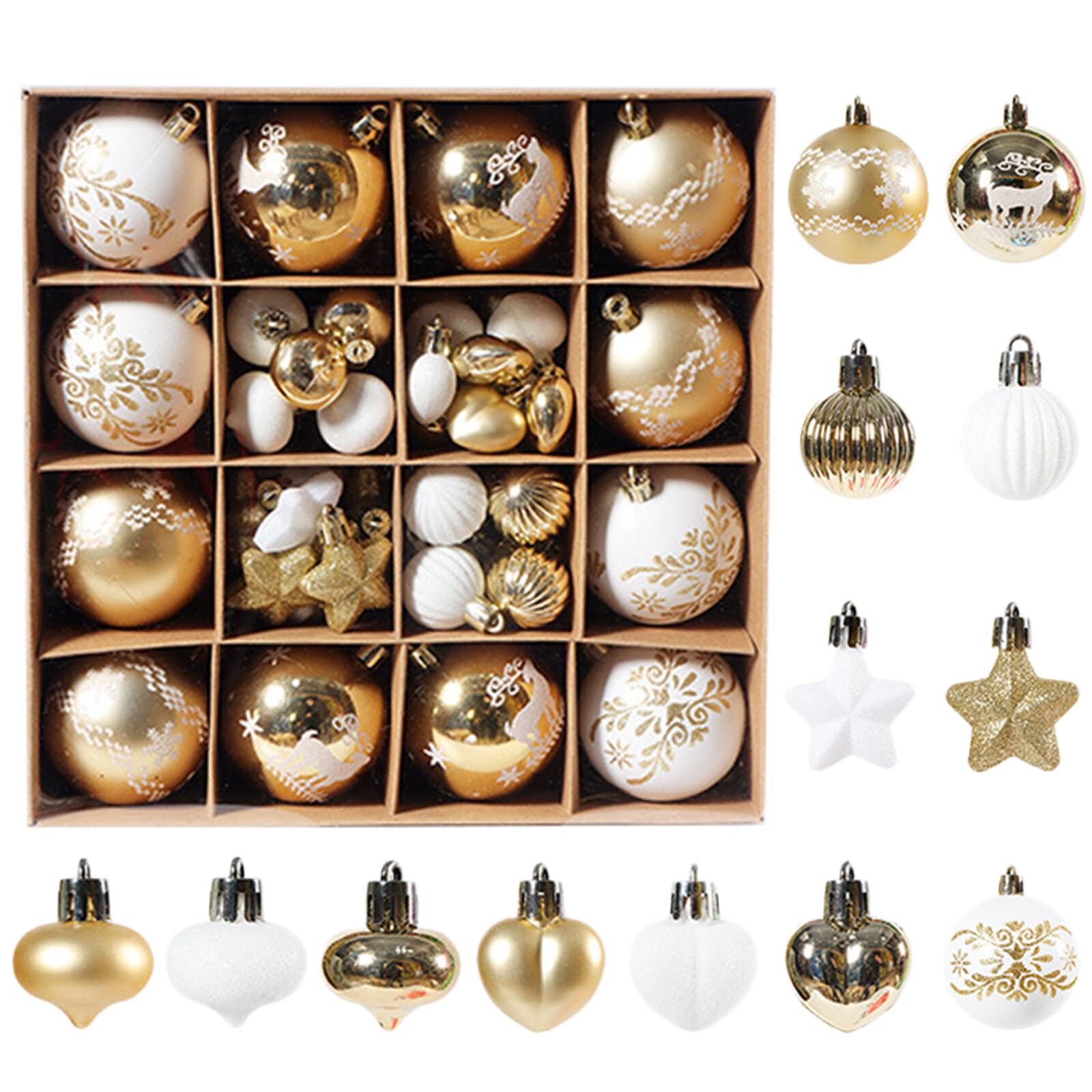 Lvjkes Bolas Arbol de Navidad, Bola Navidad, 52pzas 3-6cm Bolas de Plástico Inastillables para Árbol de Navidad, Bolas de Colores con Cuerdas para Árbol de Navidad, Boda, Fiesta (Oro y Blanco)