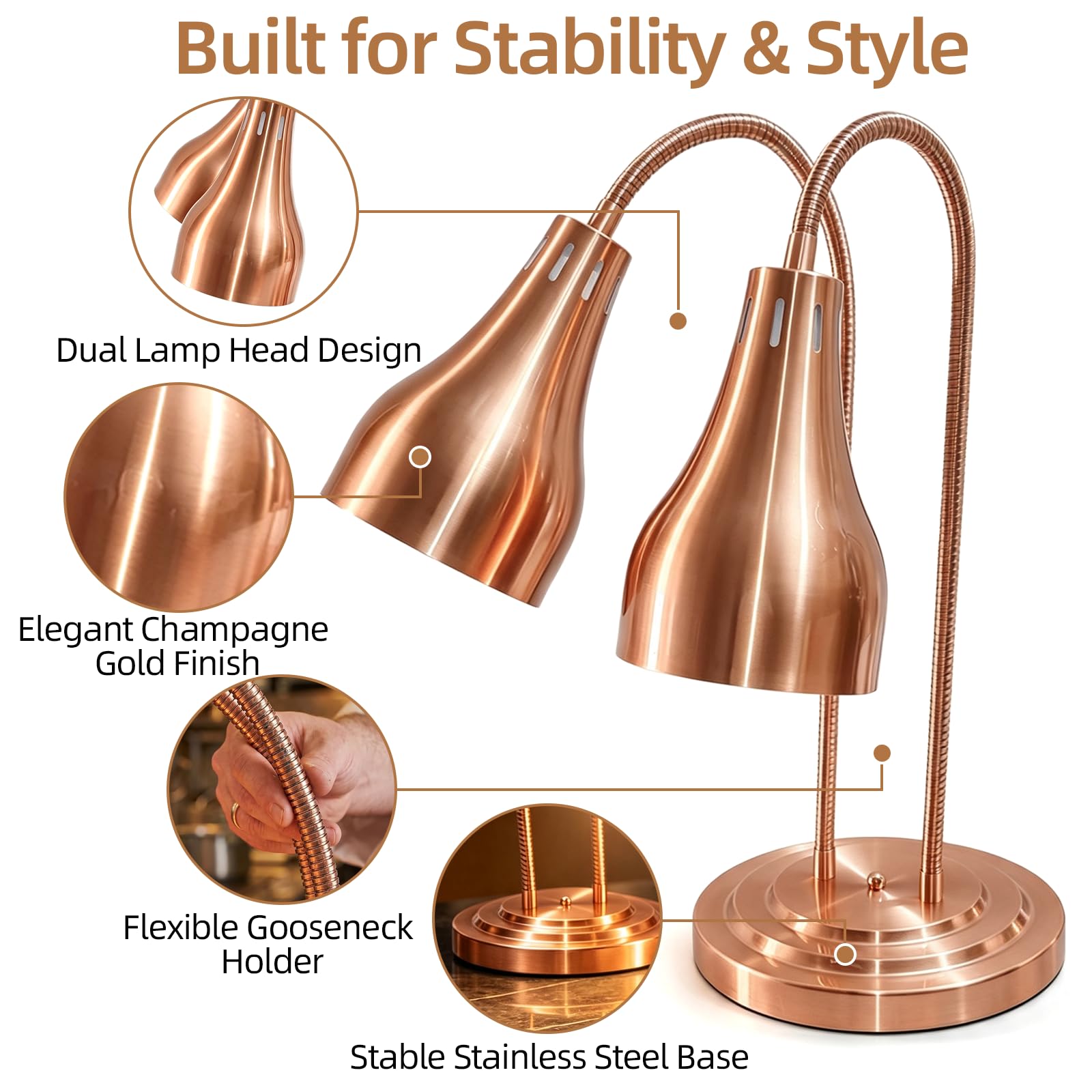 Dwupalnikowa lampa grzewcza do kuchni, 500 W, lampa grzewcza na podczerwień z lampami 2 x 250 W, regulowana łabędzia szyja 70 cm, lampa bufetowa ze stali nierdzewnej do restauracji, hotelu i cateringu