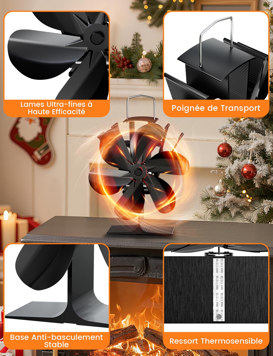 Ventilateur Poele à Bois 6 Pales Ventilateur de Cheminée Alimenté à la Chaleur Fonctionnement Silencieux Économie d'Énergie pour Poêle à Bois Cheminée Gaz Bûche