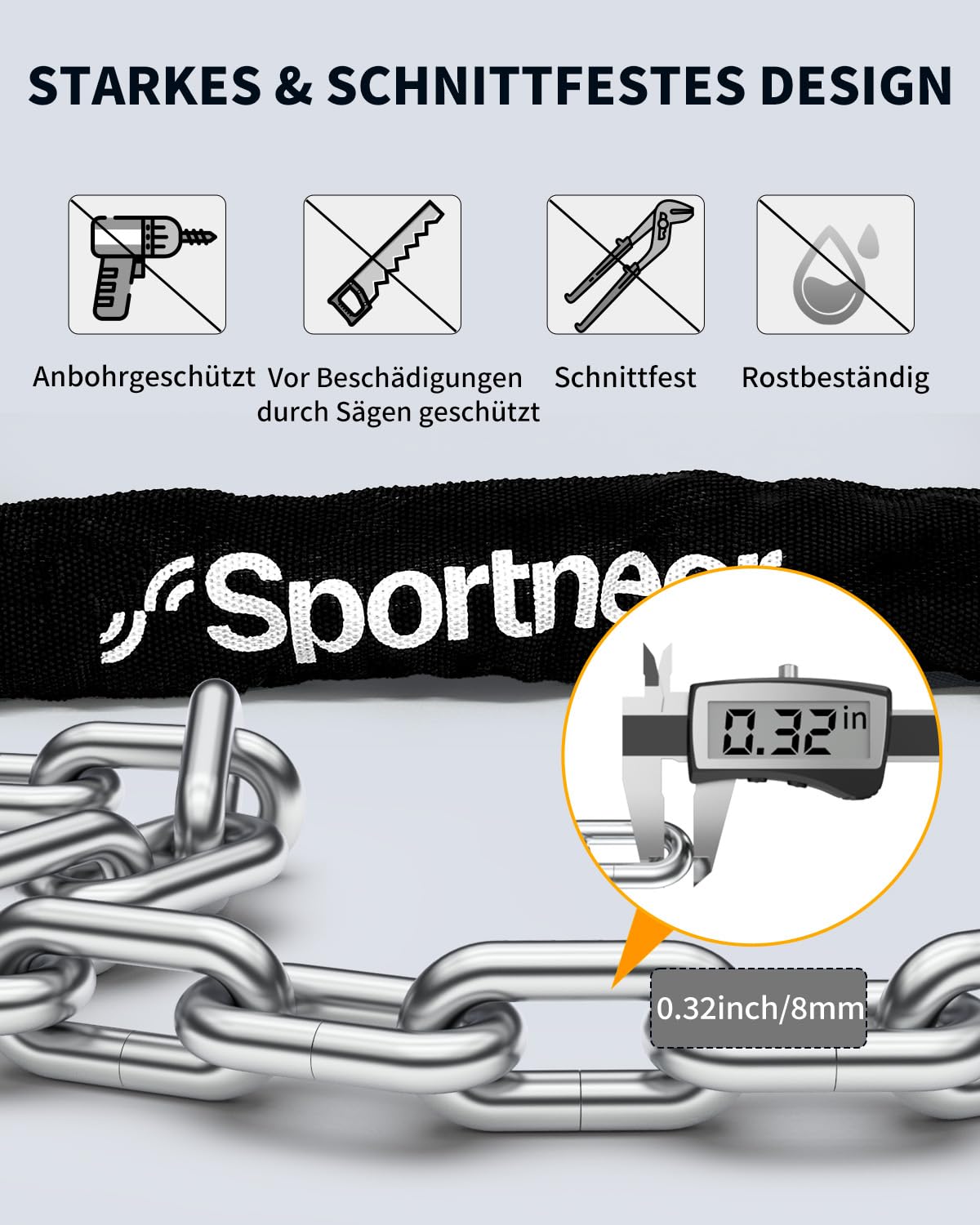 Sportneer Lucchetto Bici Catena 8mm 100cm Antifurto Acciaio Temprato con 2 Chiavi