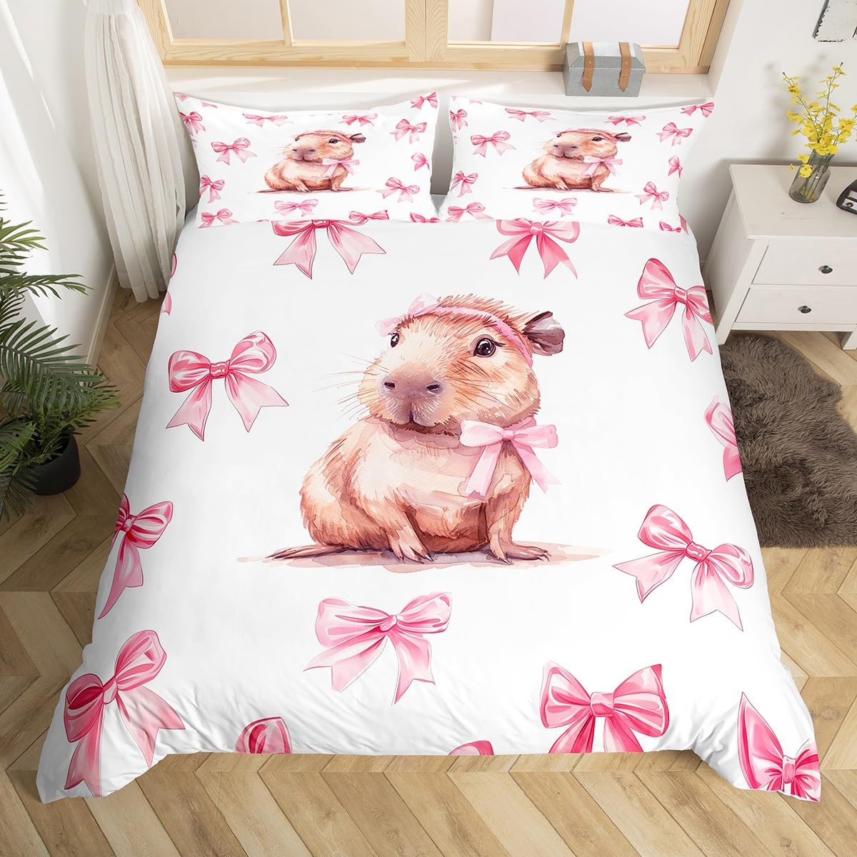 Homewish Cute Capybara Duvet Cover Set Single Size with 1 Pillowcase - Pink Princess Bowknot Bedding for Kids Girls Teens - Cartoon Animal Quilt Cover Pink Reversible Kawaii Ribbon Bow Bed Set