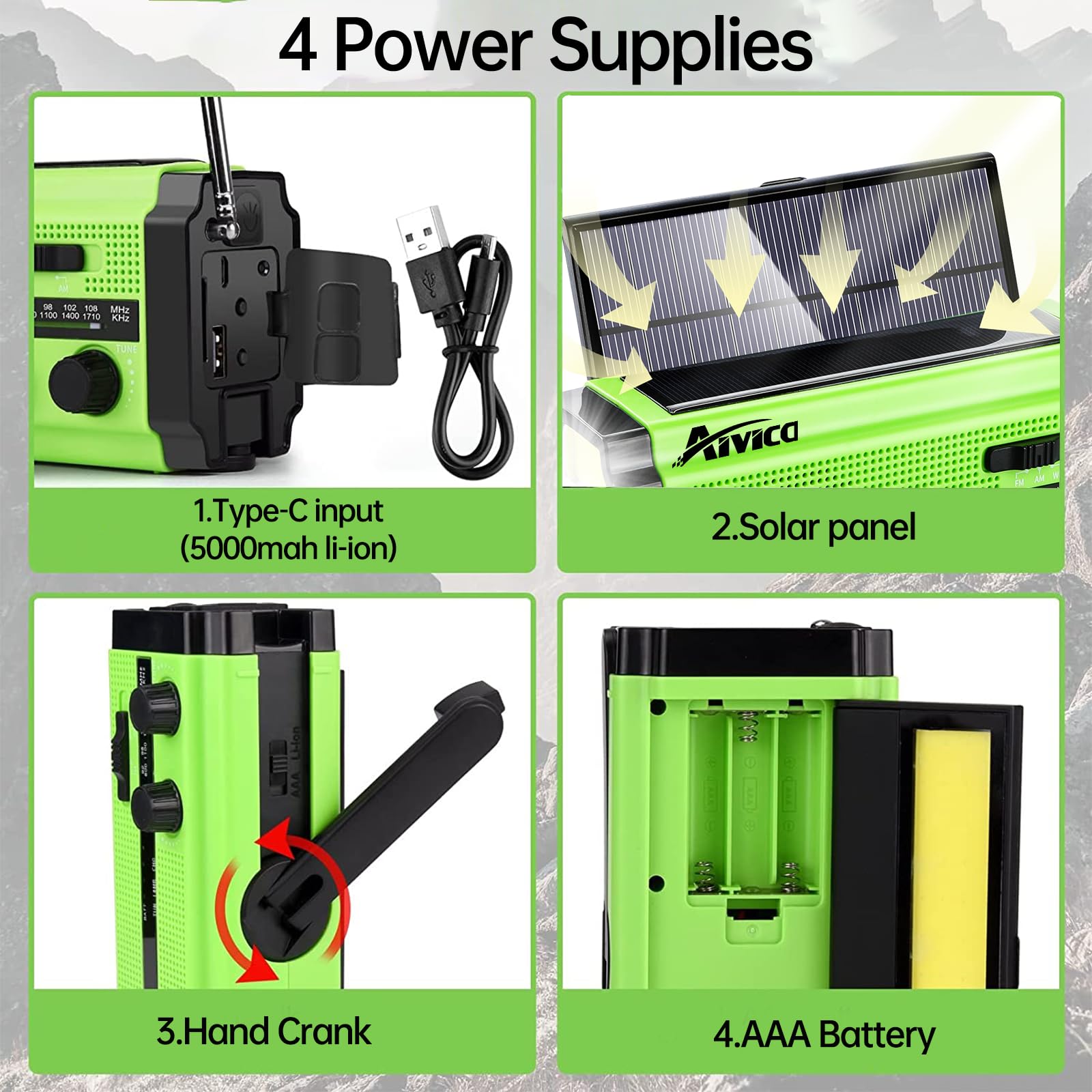Radio de manivela de emergencia de 5000 mAh/18500 mWh con 2 paneles solares, radio meteorológica portátil AM FM NOAA, radio con batería recargable, cargador USB, SOS, linterna, lámpara de lectura para
