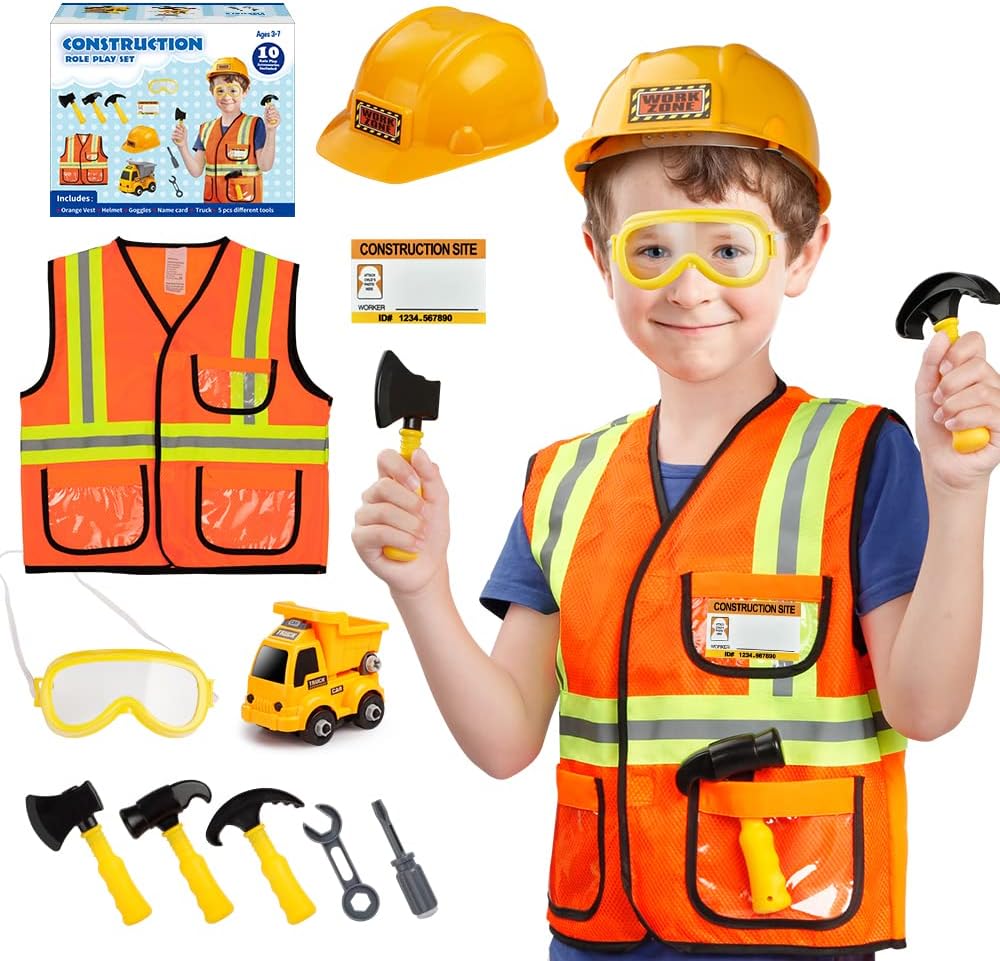 Construction Worker Costume for Boys, Pretend Builder Career Outfit with Self-assembly Engineer truck, Role Play Dress Up for Halloween