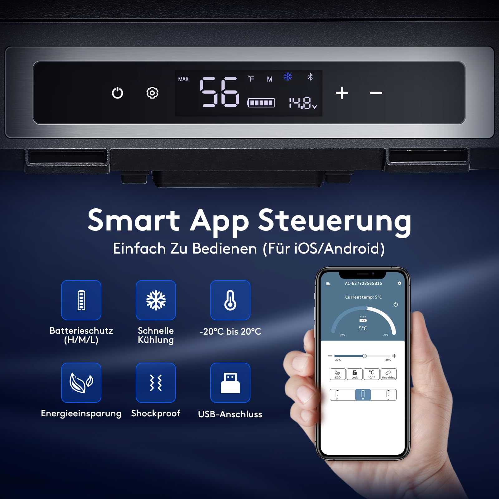 AAOBOSI 58L Kompressor Kühlbox mit App,-20°C bis +20°C, LED-Beleuchtung | 12/24V und 100-240V, -20°C bis 20°C, APP-Steuerung, LED-Beleuchtung, mit Rollen, für Auto, Camping, LKW, Boot und Reisen