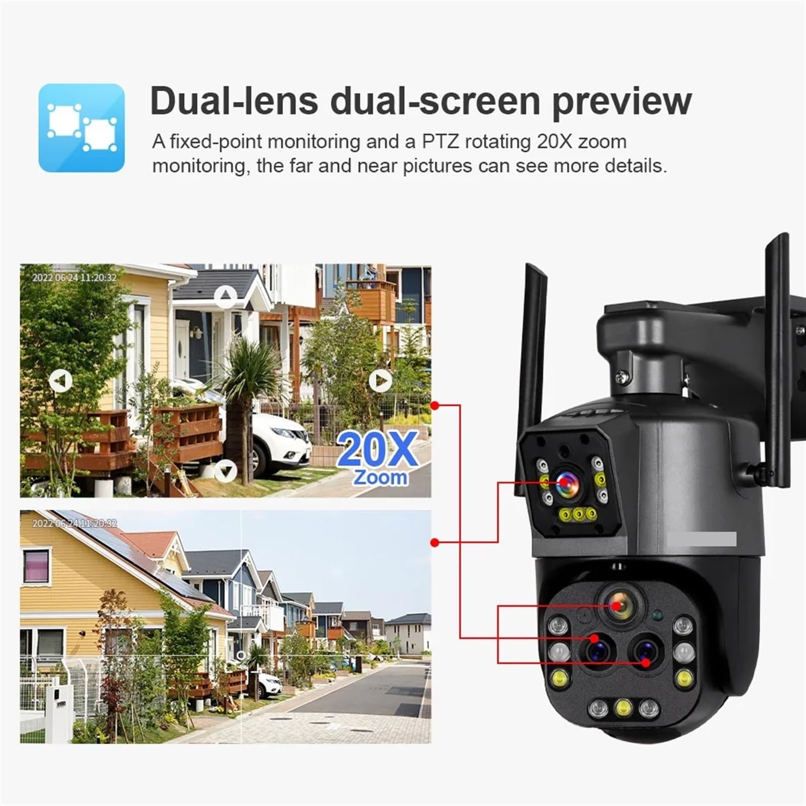 Kamera bezpieczeństwa, Kamera 8K na zewnątrz 20X Zoom cztery obiektywy podwójny ekran kamera bezpieczeństwa PTZ Monitor CCTV automatyczne śledzenie monitorująca(4K No Zoom Add 32G)