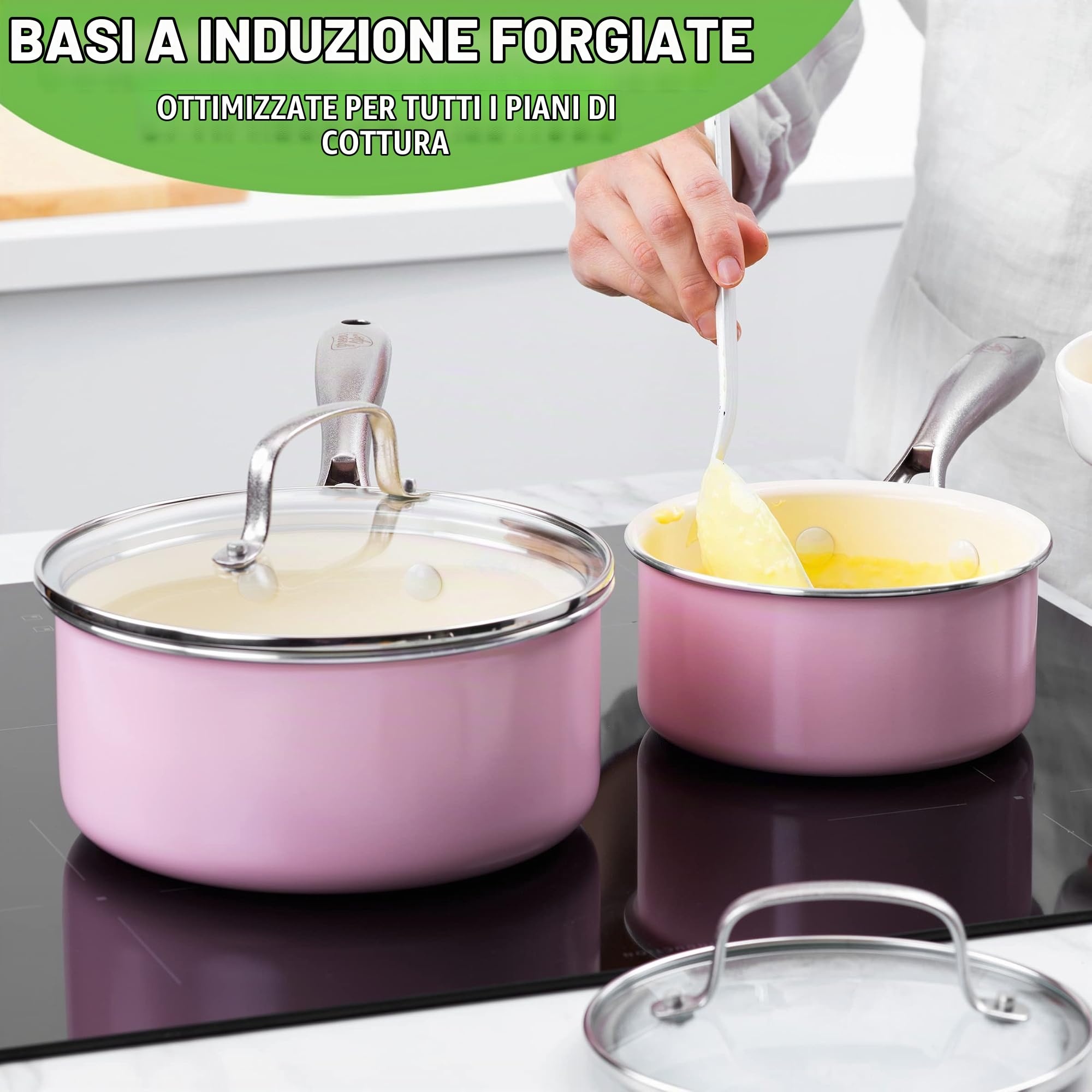 GreenLife Artizan Set di Pentole in Ceramica Antiaderente Sana da 14cm/1L e 18cm/2L, Senza PFAS, Manico in Acciaio Inox, Adatta all'Induzione, Lavabile in Lavastoviglie, Sicuro al Forno, Rosa