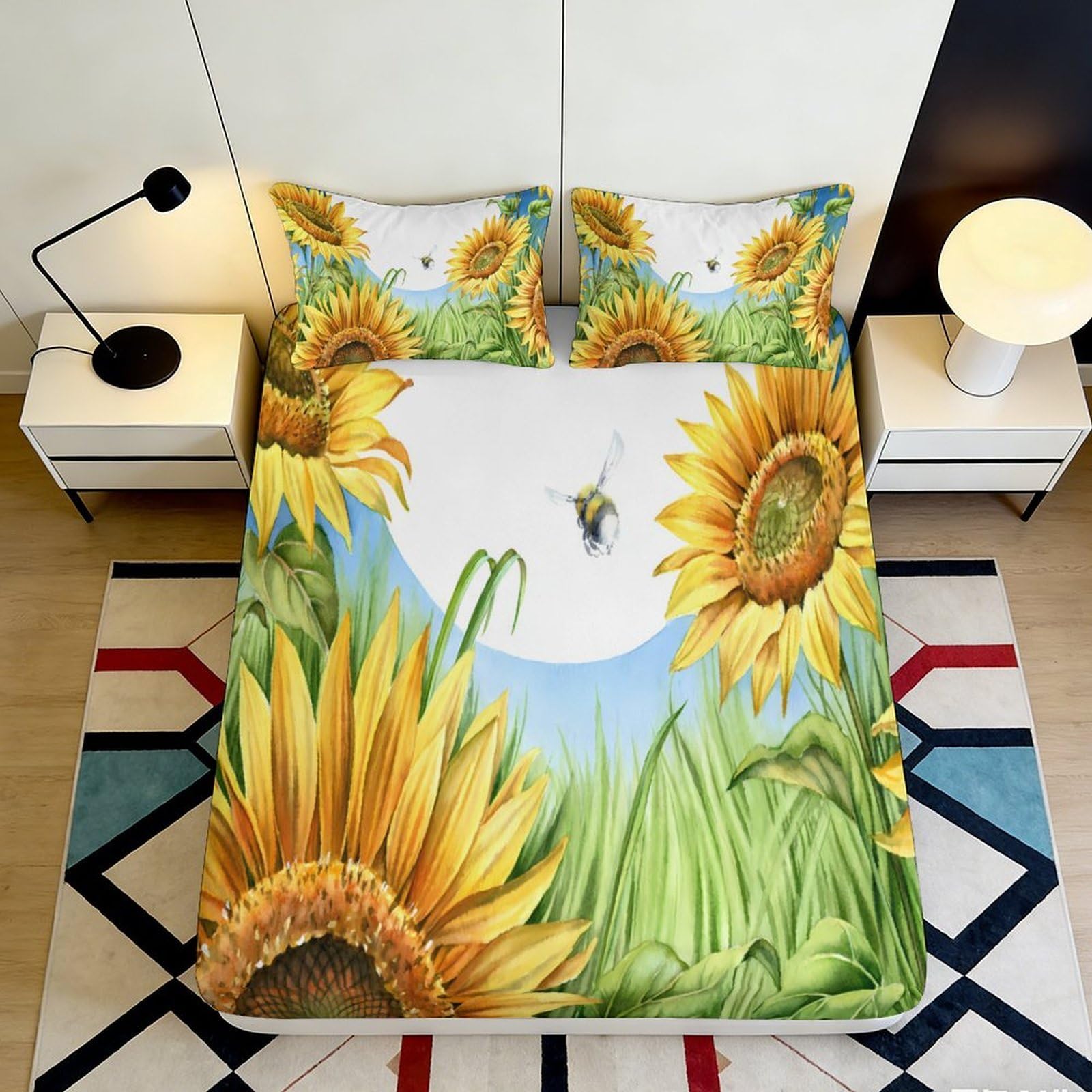 3D Printed Sunflower Meadow Fitted Sheet Microfiber Soft Yellow Bee Mattress Cover for Bedroom Guest Room Decor 90x200x25cm