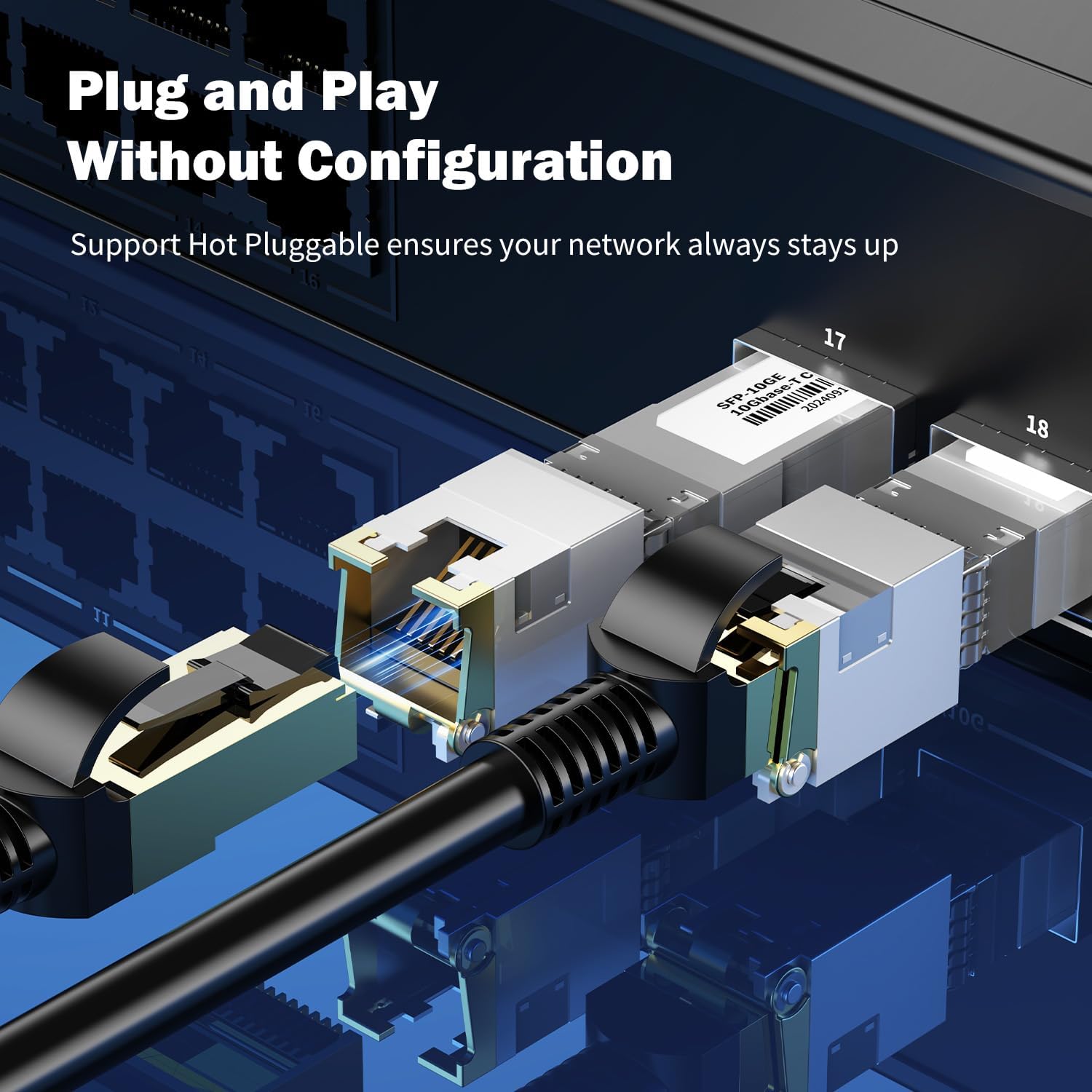Close-up of an SFP+ module and RJ45 cable being connected to the switch