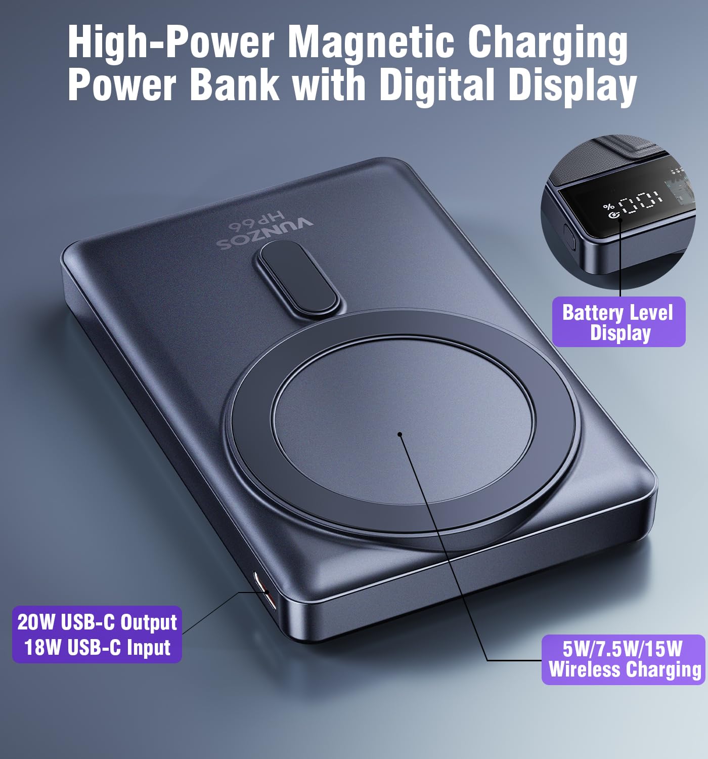 Vunzos Powerbank Per iPhone Capacità Della Batteria 12000 mAh Power bank Per Magsafe a Ricarica Rapida PD 20W, Con Supporto Portatile e Display Digitale a LED Per iPhone 12/13 /14/15 pro Per Apple