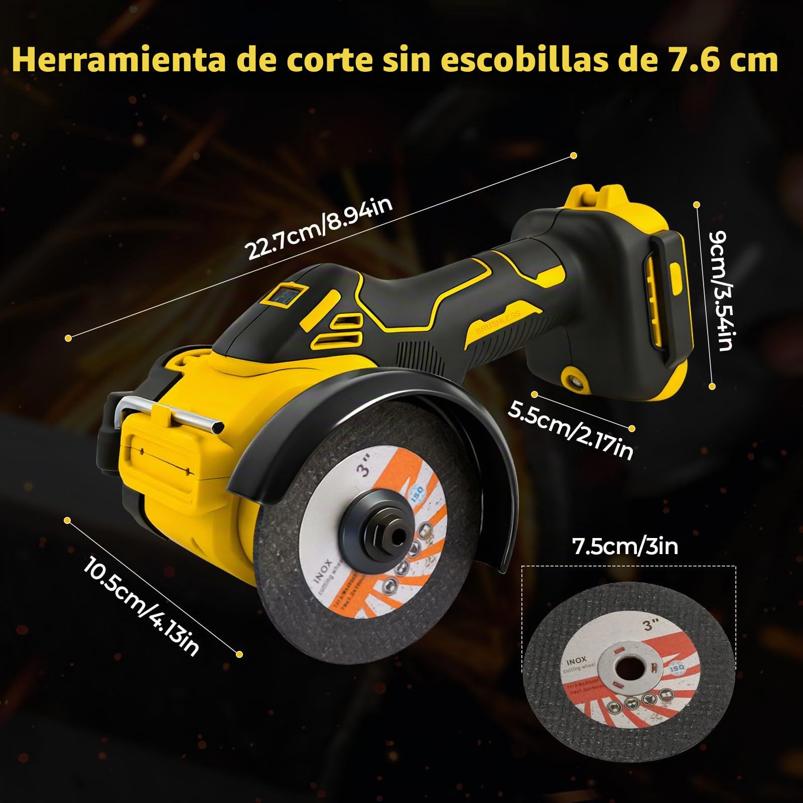 Amoladora angular inalámbrica para Dewalt 18/20 V, mini amoladora angular sin escobillas 20000 RPM 75 mm, herramienta de ángulo pequeño con 2 discos para cortar, pulir y esmerilar (para Dewalt)