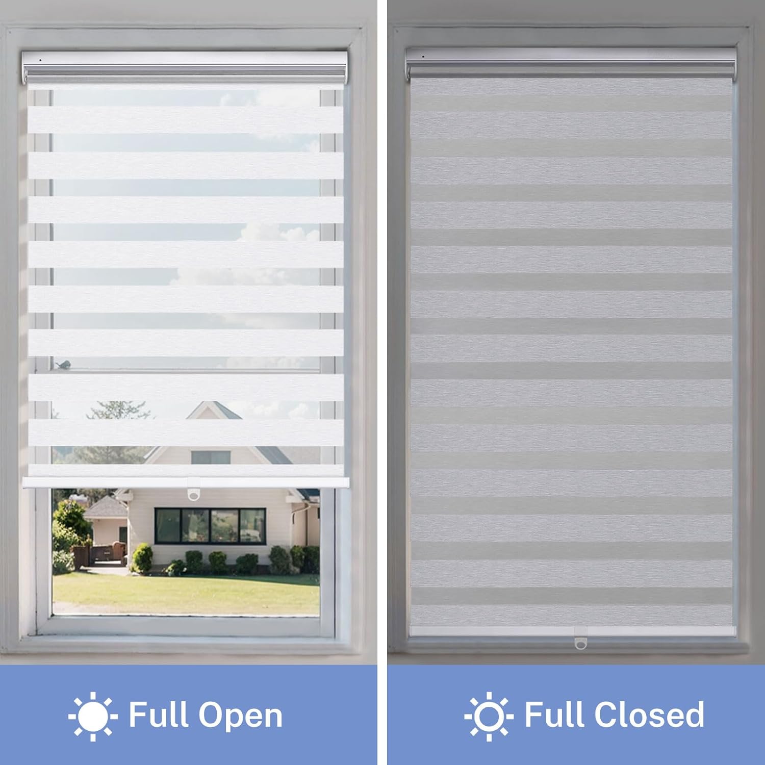 UrMoon No Drill Zebra Blinds No Tools Zebra Shades Cordless Roller Shades for Windows Dual Layer Roller Blinds Room Darkening Custom Size for Indoor, Light Filtering White, Customize