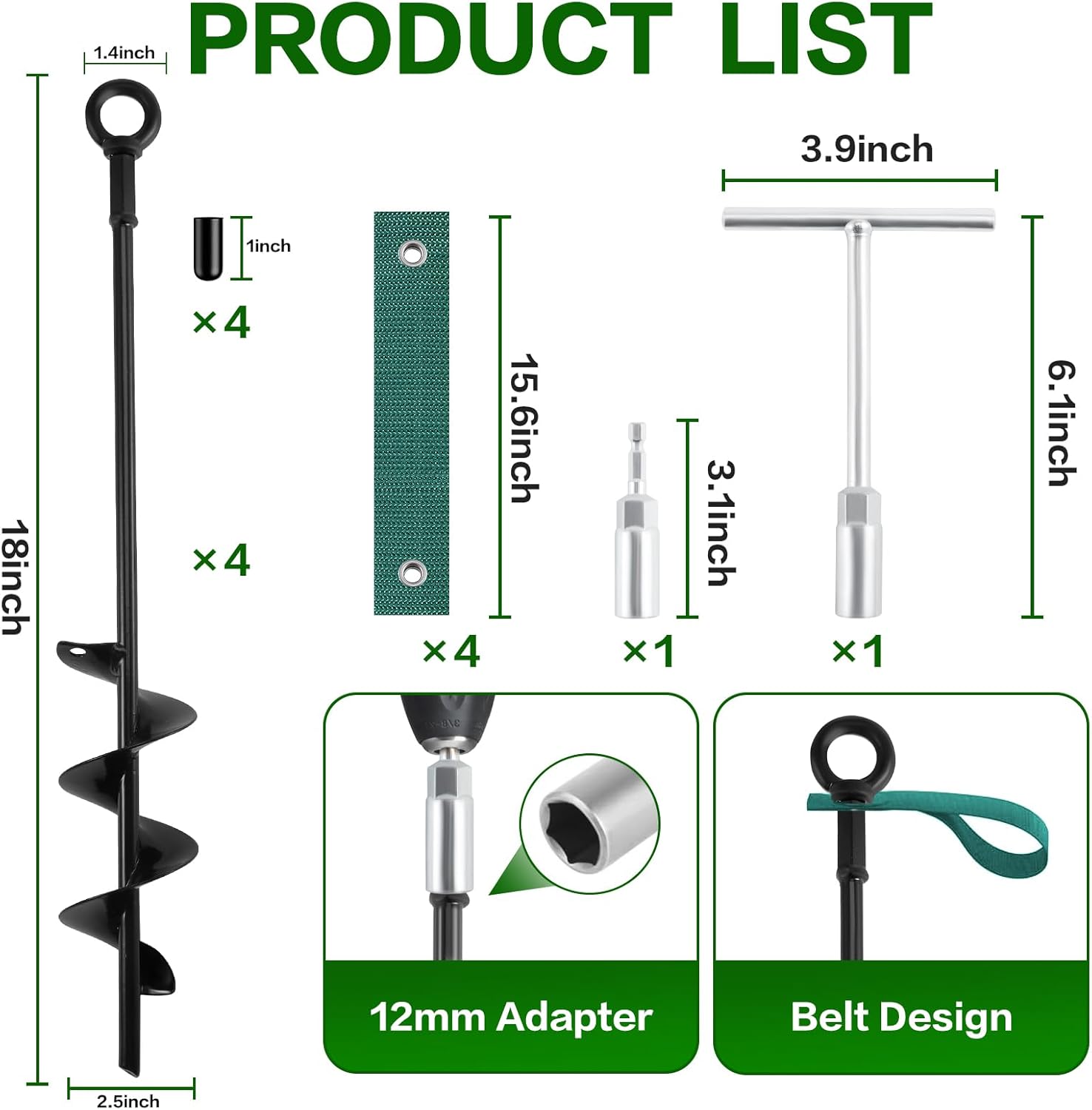 18-Inch Ground Anchors Screw in Heavy Duty, 4 Pack Shed Anchor Kit with Wrenches and Straps, High Wind Trampoline Anchors & Stakes for Swing Sets, Camping Tent, Carport, Plants, Mobile Home
