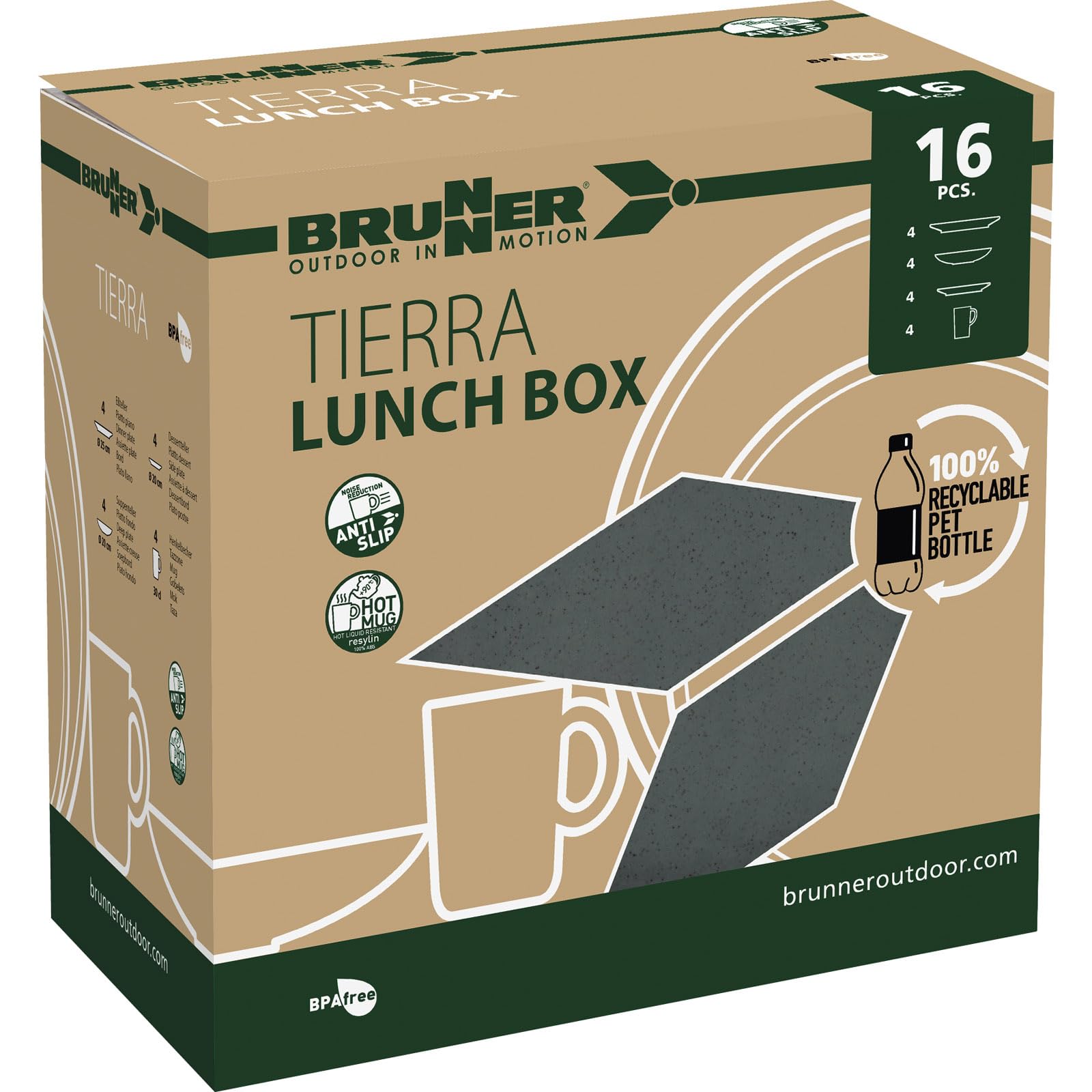 BRUNNER Set aus 16 Tellern und Tassen aus strapazierfähigem Melamin und rutschfester Unterseite, Lunchbox PLA Tierra Forest 16 Stück