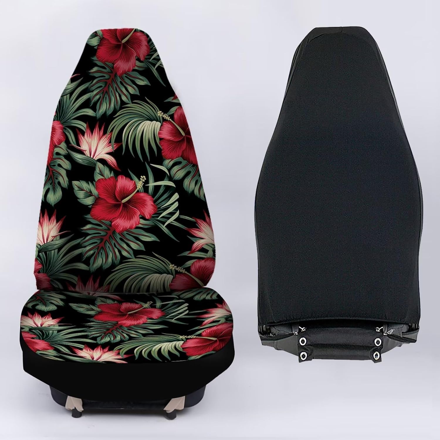 Thin Breathable Car Seat Cover Red Hibiscus & Palm Leaves Print for Men Women Ultra-Soft 2PCS Auto Accessories Fit for Car SUV Sedan Truck