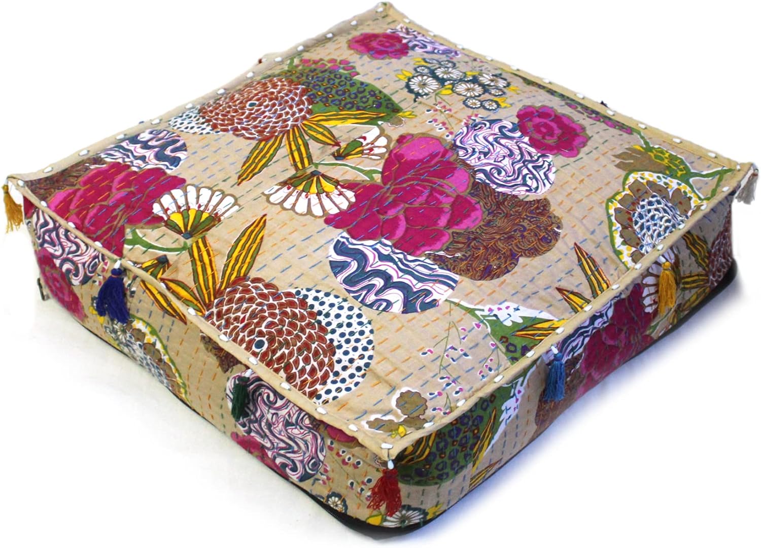 Mam Treasures 16X16X5 Inches Beige Indian Handmade Kantha Square Floor Cotton Cushion Cover Home Decor Meditation Poufs Cushion Seating Floor Pouf Large Pillow Cover (22x22x5 Inch, Black 1)