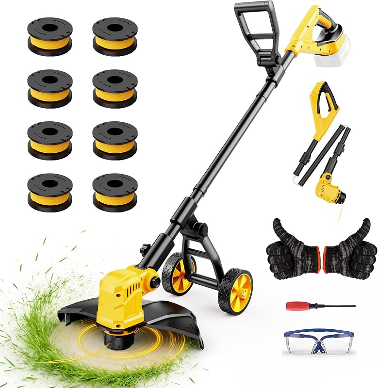 Cortadora de hilo y bordeadora de césped inalámbrica para batería Dewalt de 20 V (sin batería), cortadora de malezas y bordeadora eléctrica de 14 pulgadas con batería, herramienta de césped 3 en 1 con ruedas con 8 piezas de línea de carrete cortador de césped para jardín