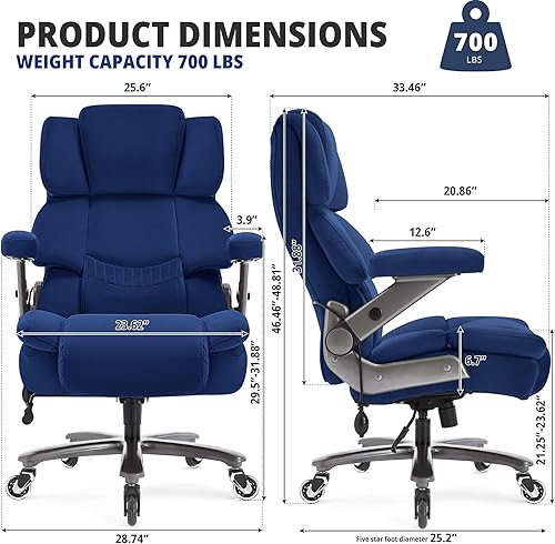 Miniatura 3 de Silla de oficina grande y alta de tela de 700 libras, silla de computadora grande con soporte lumbar ajustable, brazos abatibles 3D, ruedas de