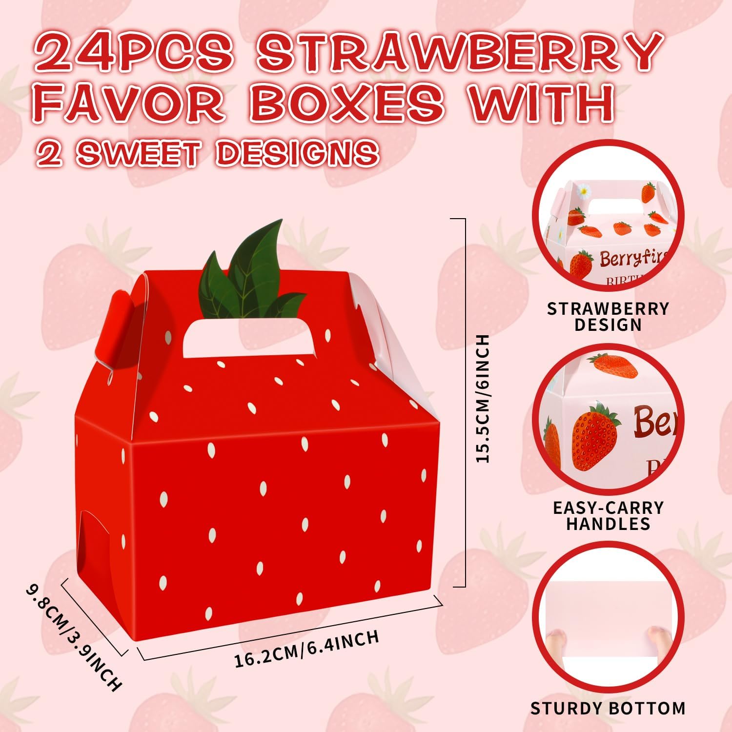 JOINCCI 24PCS Strawberry First Birthday Party Favor Treat Boxes,Strawberry Goodie Gifts Bags Red Pink Berry Shortcake Party Decorations for Berry Theme Birthday,Baby Shower (6.4 * 3.9 * 6 Inch) image 4