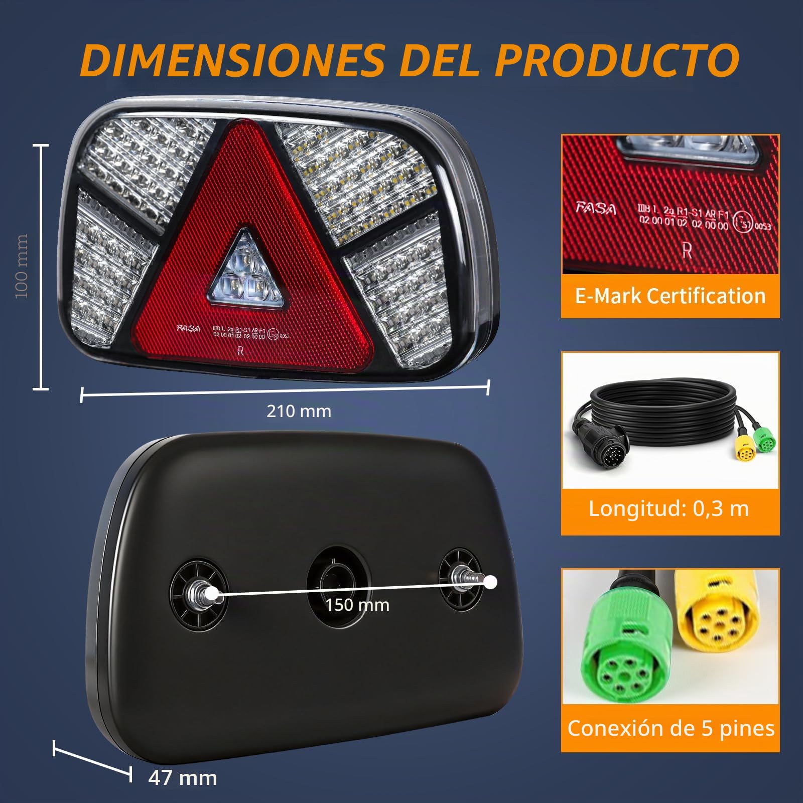 2 Piezas de luz trasera del remolque Kit, 12v/24v impermeable Indicador, freno, marcha atrás, niebla, reflector de luz con 5,5 m de largo 6 Core Cable para Camión Caravana