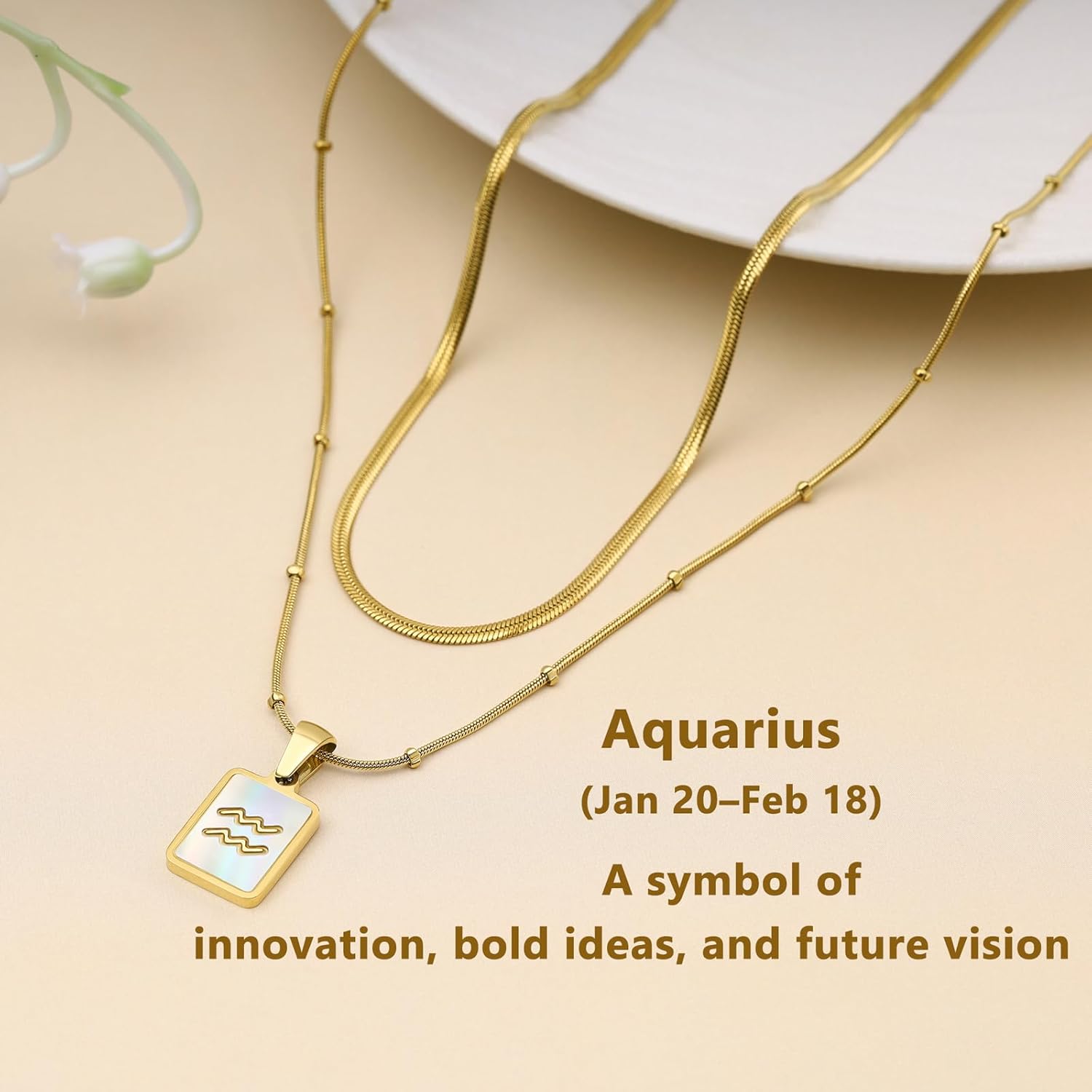 LETFLY Zodiac Natural Shell Layered Gold Necklace for Women, 18K Gold Plated Square Shaped Pendant with Adjustable Layered Snake Chain for Womens Jewelry Gifts - Image 5