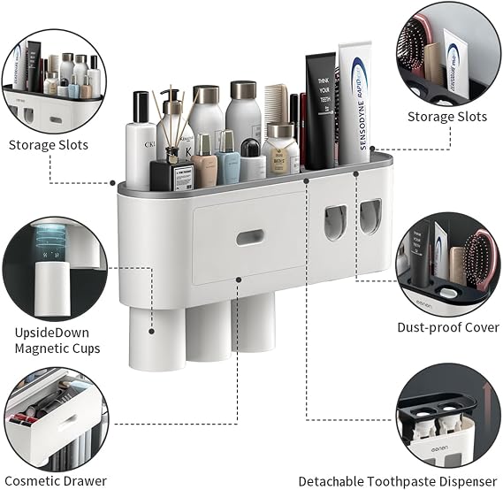 TuCao Toothbrush Holder Wall Mounted with Double Automatic Toothpaste Dispenser Squeezer Kit, 2/3/ Cups (Grey 2 Toothpaste Dispensers, 3 Cups)