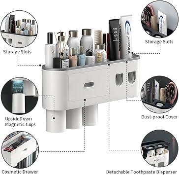 TuCao Toothbrush Holder Wall Mounted with Double Automatic Toothpaste Dispenser Squeezer Kit, 2/3/ Cups (Grey 2 Toothpaste Dispensers, 3 Cups)