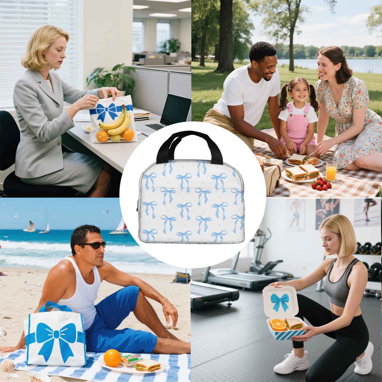 Bow Lunch Box, Cute Blue Ribbon Bow Watercolor Insulated Lunch Tote Bag for Women & Men, Small Lunch Bag for Work Picnic Travel Office, 8.5x8x5 Inch - Image 5