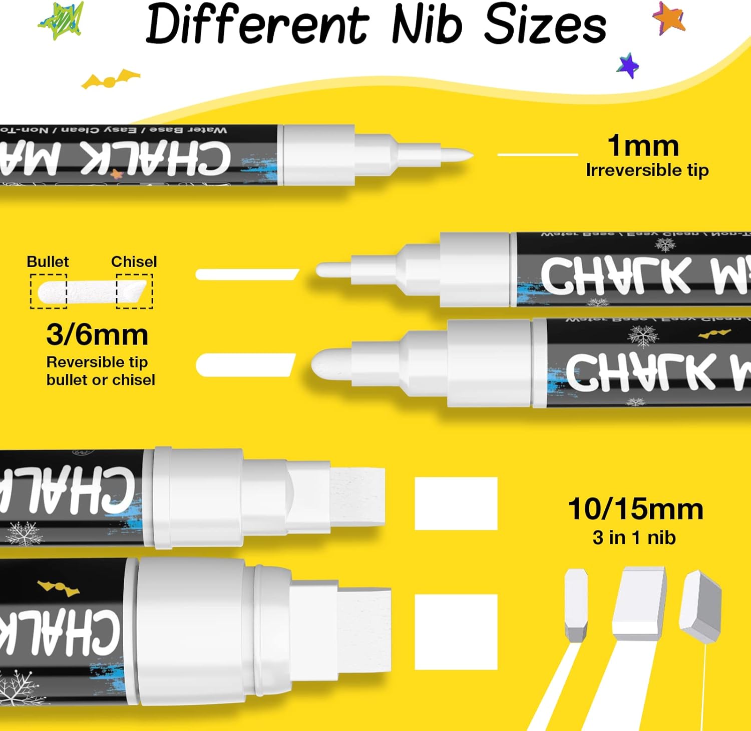 AOSUCO White Chalk Pens, 6 pack-1, 3, 6, 10, 15mm, 5 Different Fine and Jumbo Tips of Liquid Chalk Pens Chalk Markers - Image 3