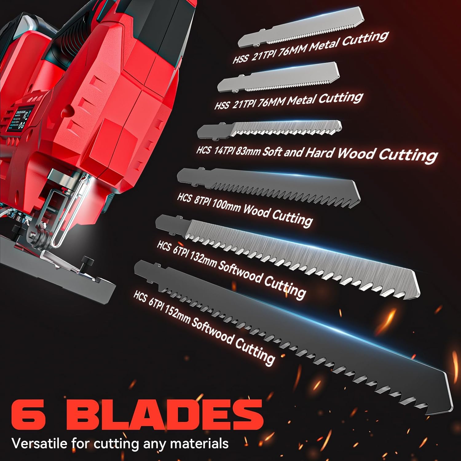 Ecarke Cordless Jig Saw Compatible With Milwaukee 18V Battery, 4 Orbital Sets, 6 Variable Speeds Control, Dust-Blowing, ±45° Bevel Cuts, LED Light and 6PCS Blades For Cutting(Only Tool)