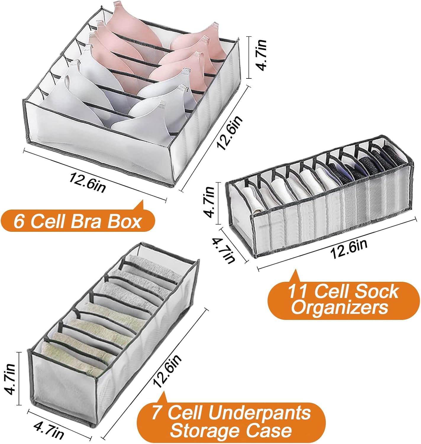 ANPHSIN Pack of 5 Underwear Drawer Organizer Set- Foldable Underwear Storage Divider Boxes Includes 6/7/7/11/11 Cell Collapsible Closet Compartments for Socks Bras Ties Lingerie Scarves Organizing