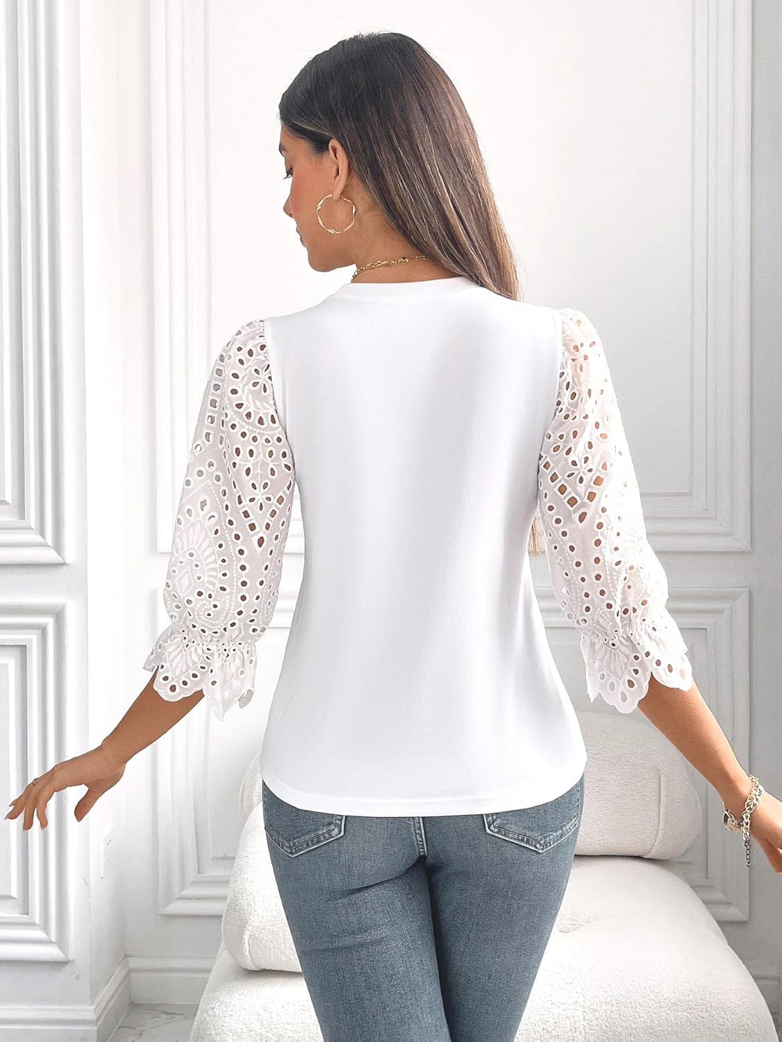 Women Crew Neck Lace Eyelet Ruffle Short Sleeve/Long Puff Sleeve Cotton Tops Loose Fit Stretch T Shirt - Image 5