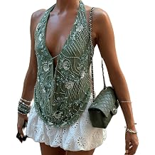 Women's Y2k Sparkly Sequin Beaded Halter Tops Sexy Cowl Neck Low Cut Backless Embellished Tops Concert Party Outfits