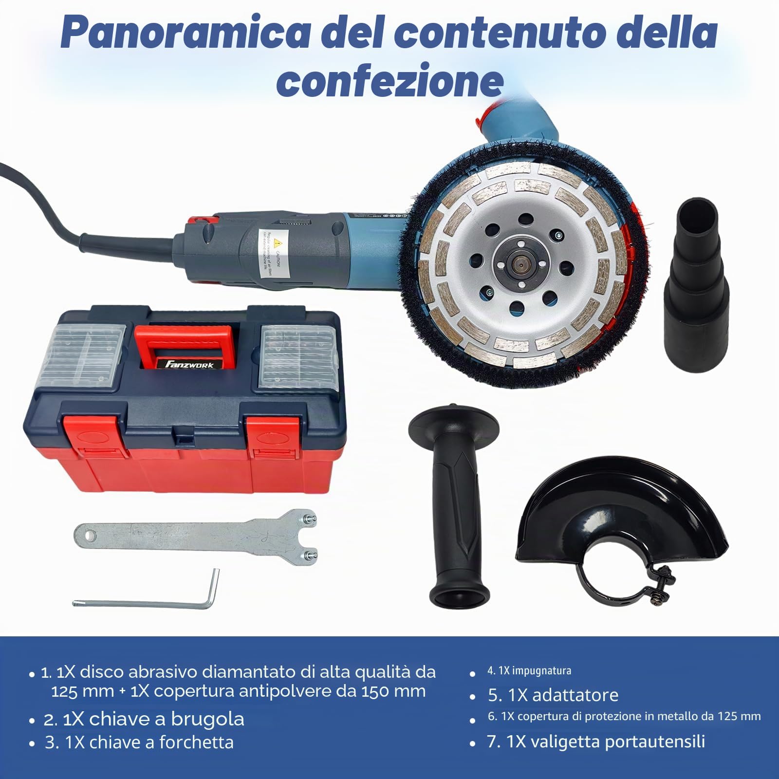 FANZWORK 1900W (MAX) Smerigliatrice per calcestruzzo con motore brushless EC, set 125 mm, cuffia aspirazione e valigetta, senza manutenzione