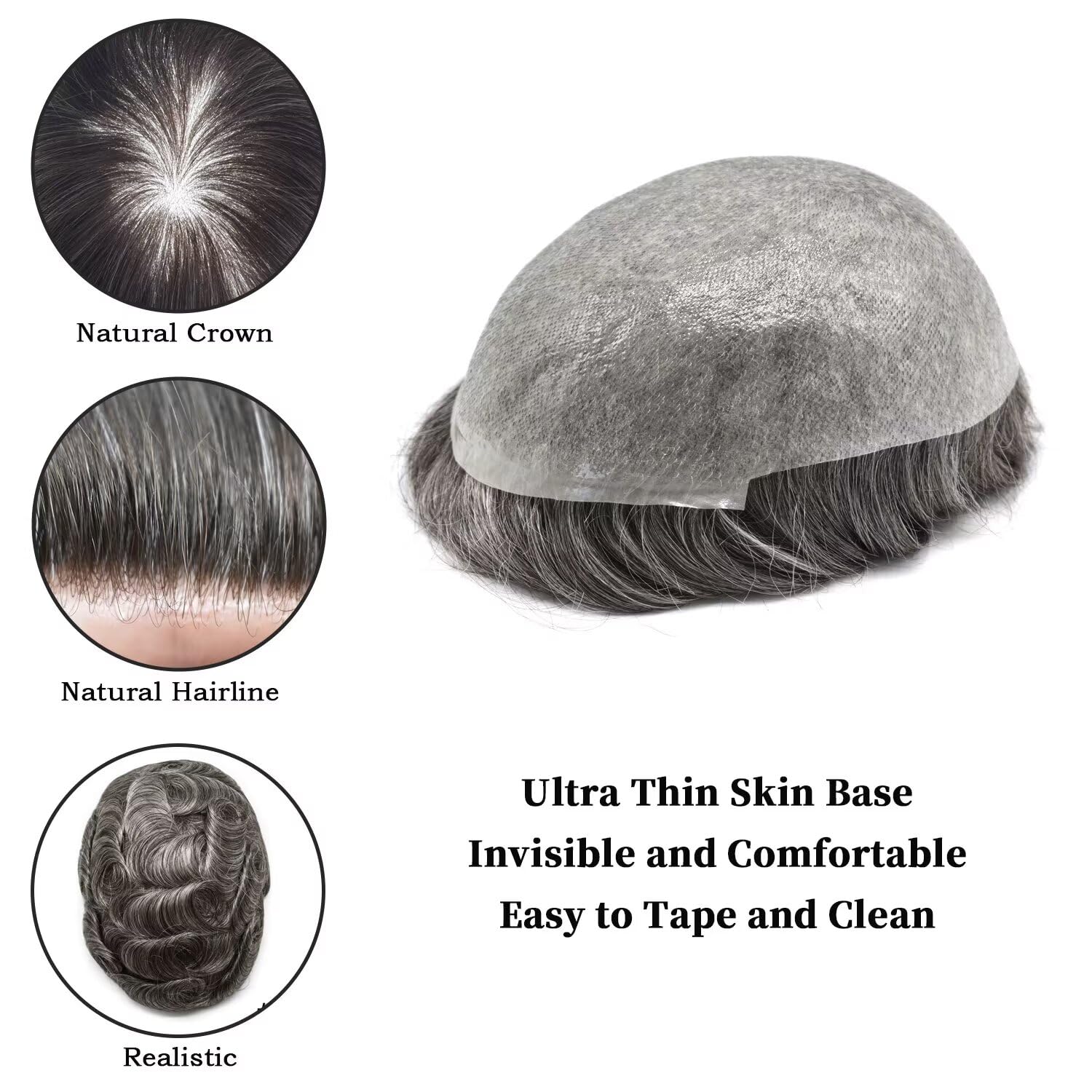 0.06mm Ultra Thin Skin Men Toupee Real European Human Hair Replacement System All V-looped Super PU Base Invisible Natural Hairline Male Hairpiece 8"x10"#250 Darkest Brown with 50% Grey