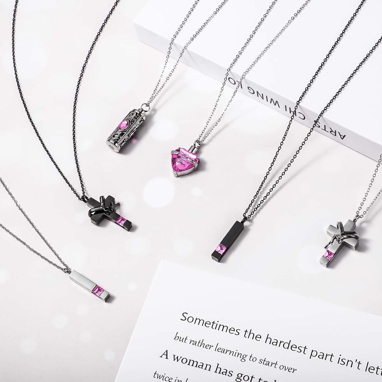Henoyso 12 Pcs Urn Necklace for Ashes Bulk Cremation Cross Heart Cubic Jewelry Stainless Steel Memorial Locket for Men Women image 5