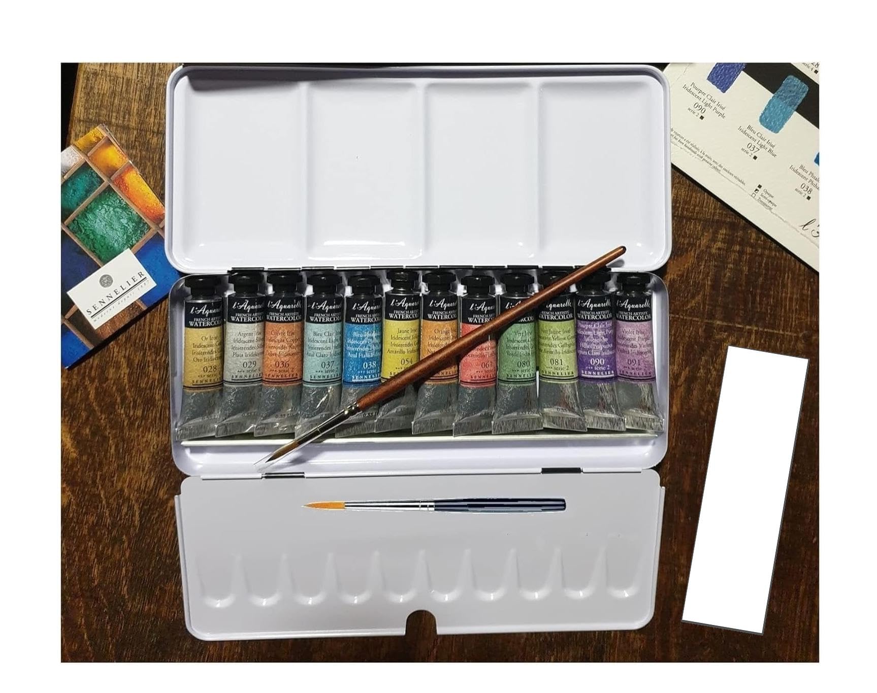 Sennelier Caja de pintura Aquarelle irisada Extra-Fines, caja de metal 12 colores x 10 ml con 2 pinceles