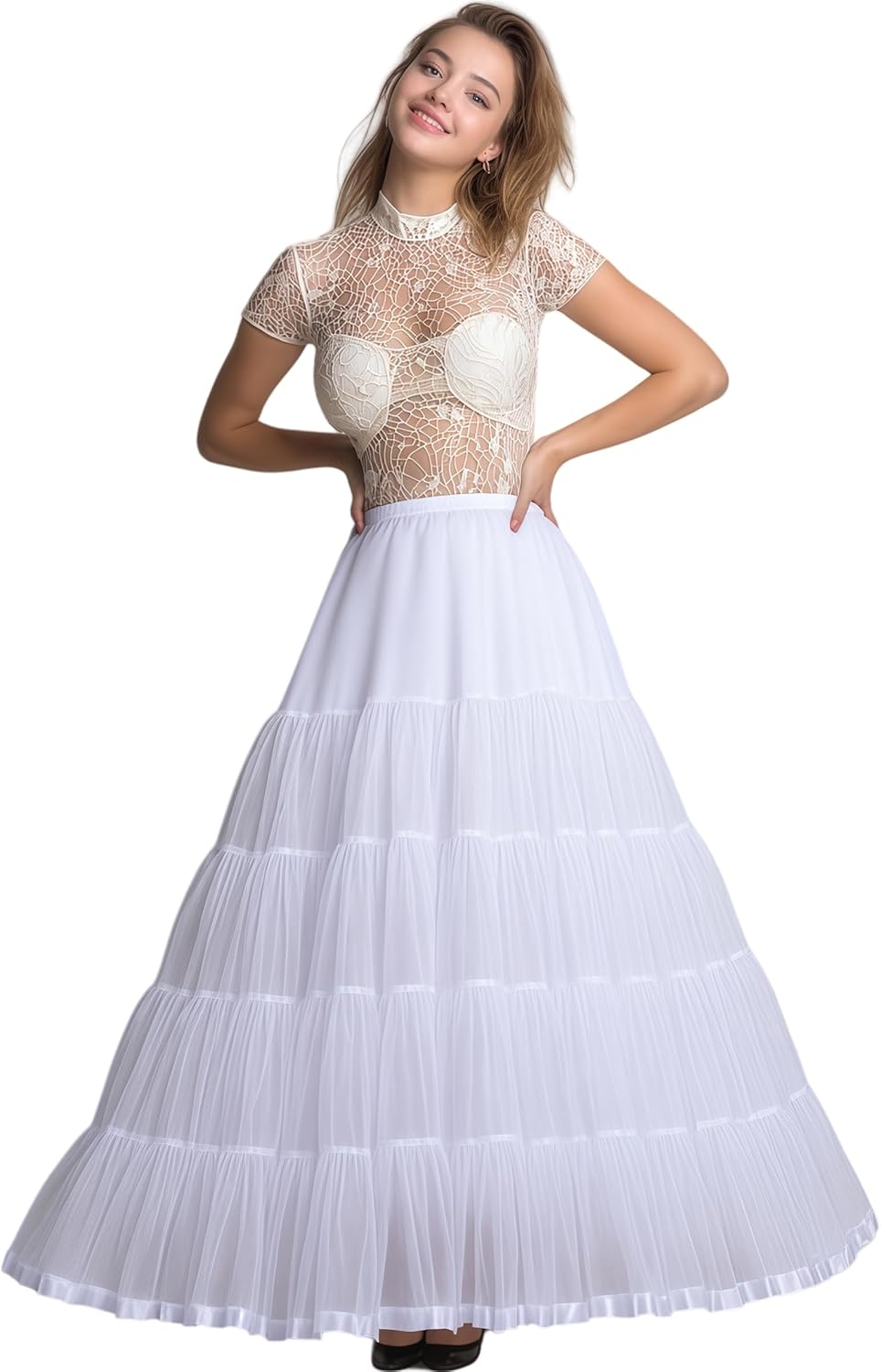 Women's 4 Tiers Plus Puffy Full Length Petticoat 39" Floor length Underskirt Ankle Length Crinoline Tulle Petticoat