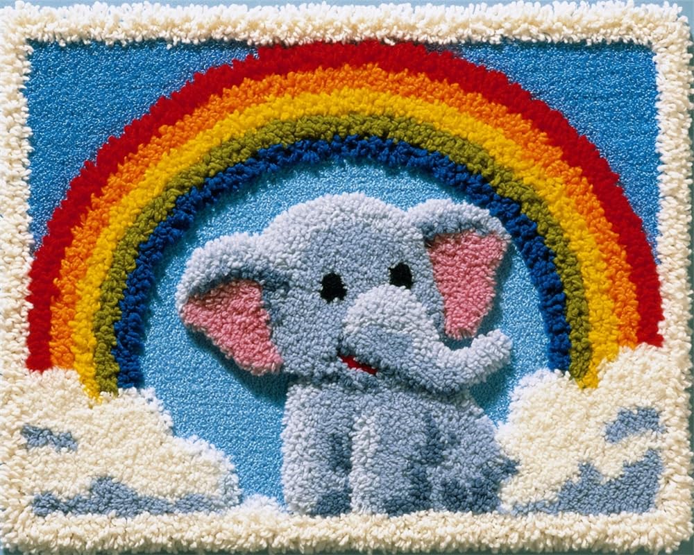 FWRTYCB Latch Hook Rug Kits, Little Elephant Under a Rainbow