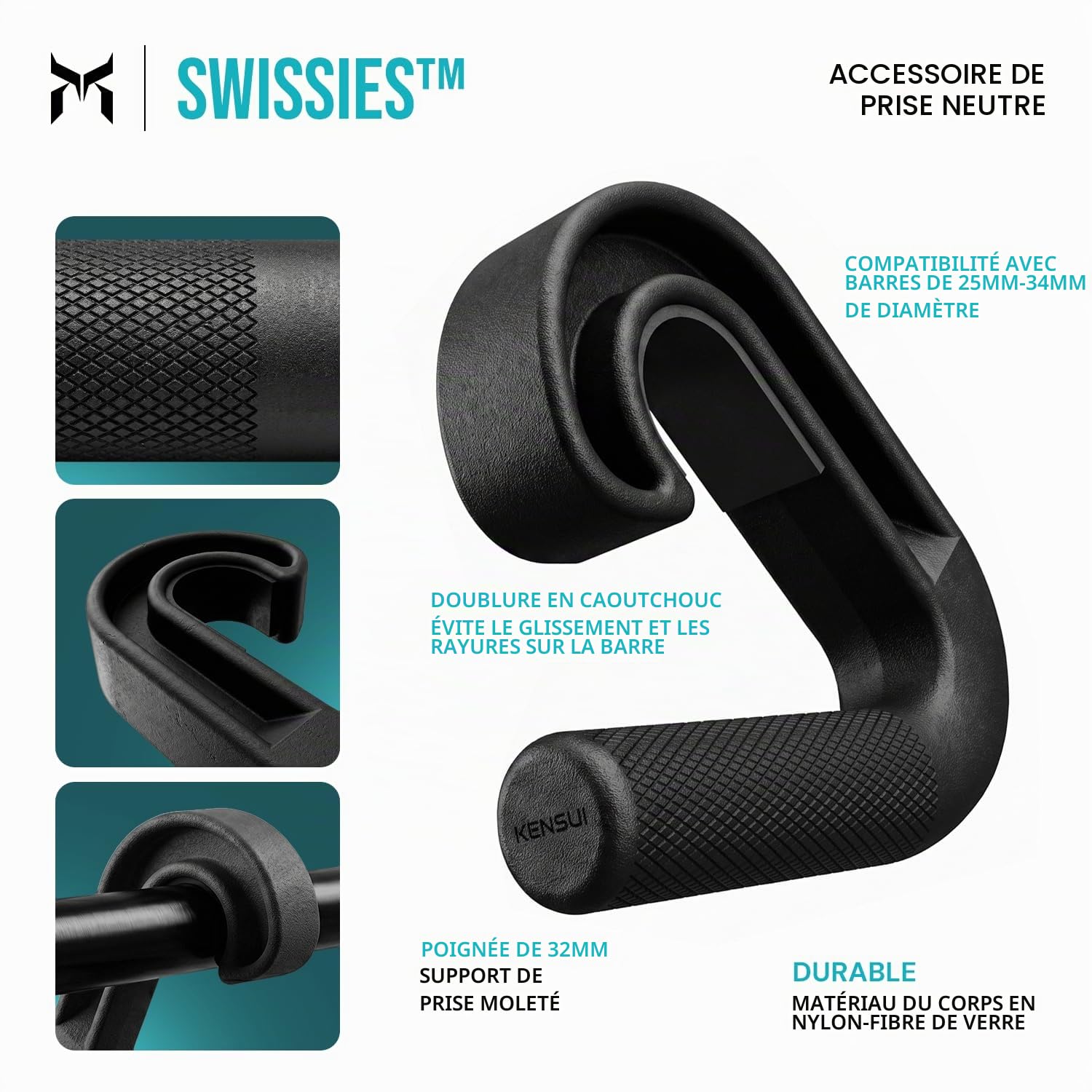 Kensui Swissies : poignée neutre pour barres de traction, haltères et bandes de résistance