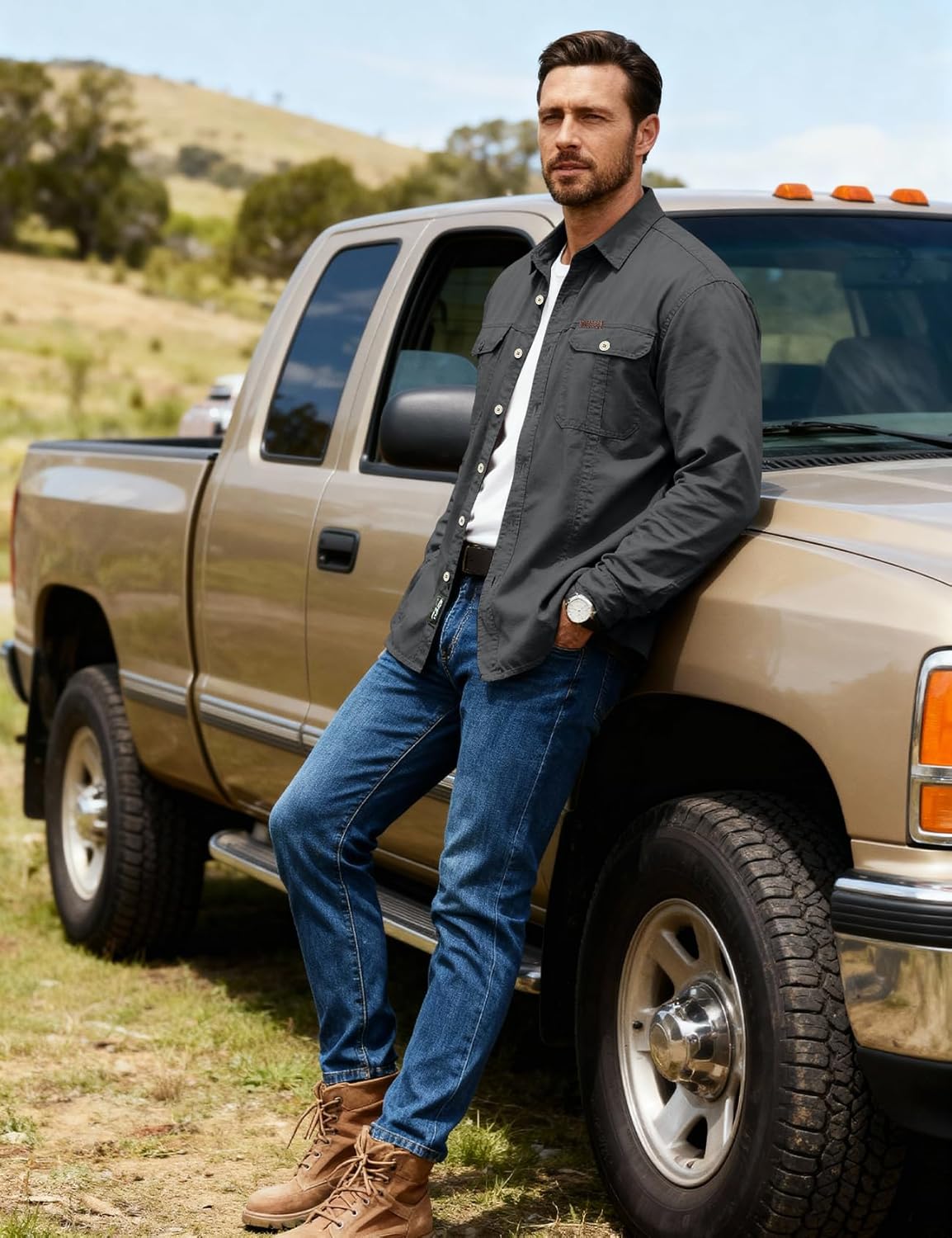 Eisctnd Men's Long Sleeve Work Shirt, Utility Cotton Button Down Cargo Shirts with Pockets for Casual Outdoor Safari - Image 2