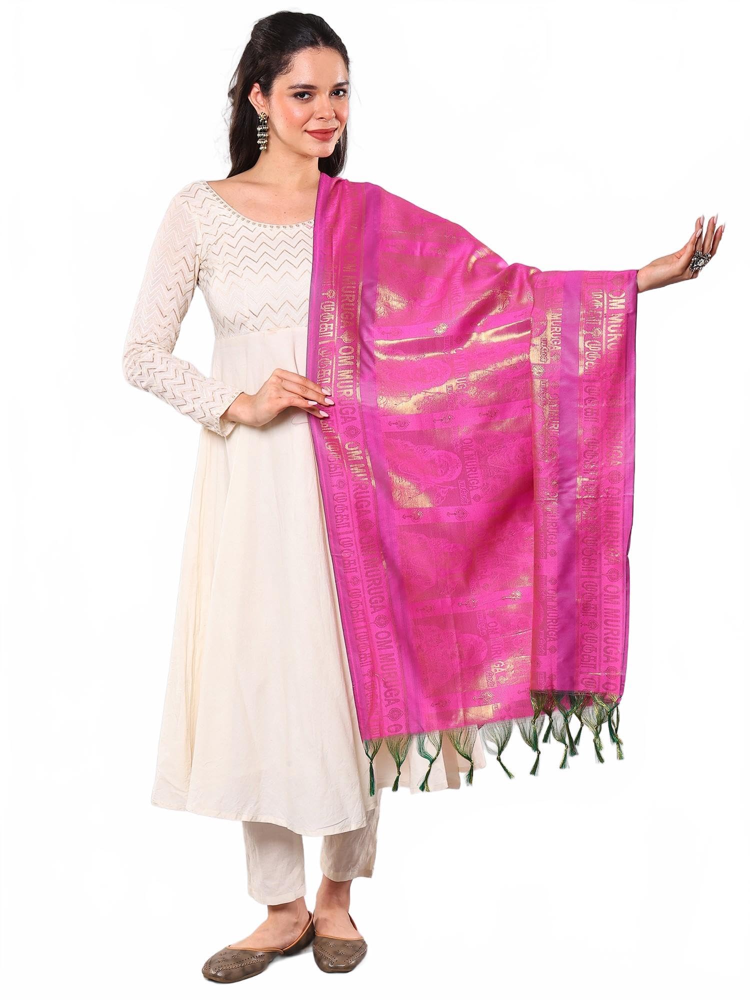 exotic india Women's Art Silk Prayer Shawl with with Woven Lord Kartikeya and Om Muruga Mantra Design Pooja Stole, Scarves-picture-32