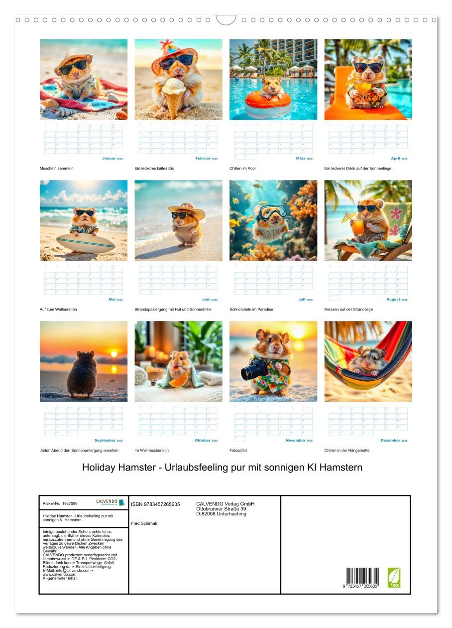 Holiday Hamster - Urlaubsfeeling pur mit sonnigen KI Hamstern (Wandkalender 2026 DIN A2 hoch), CALVENDO Monatskalender: Süße KI Hamster machen Urlaub (CALVENDO Tiere)