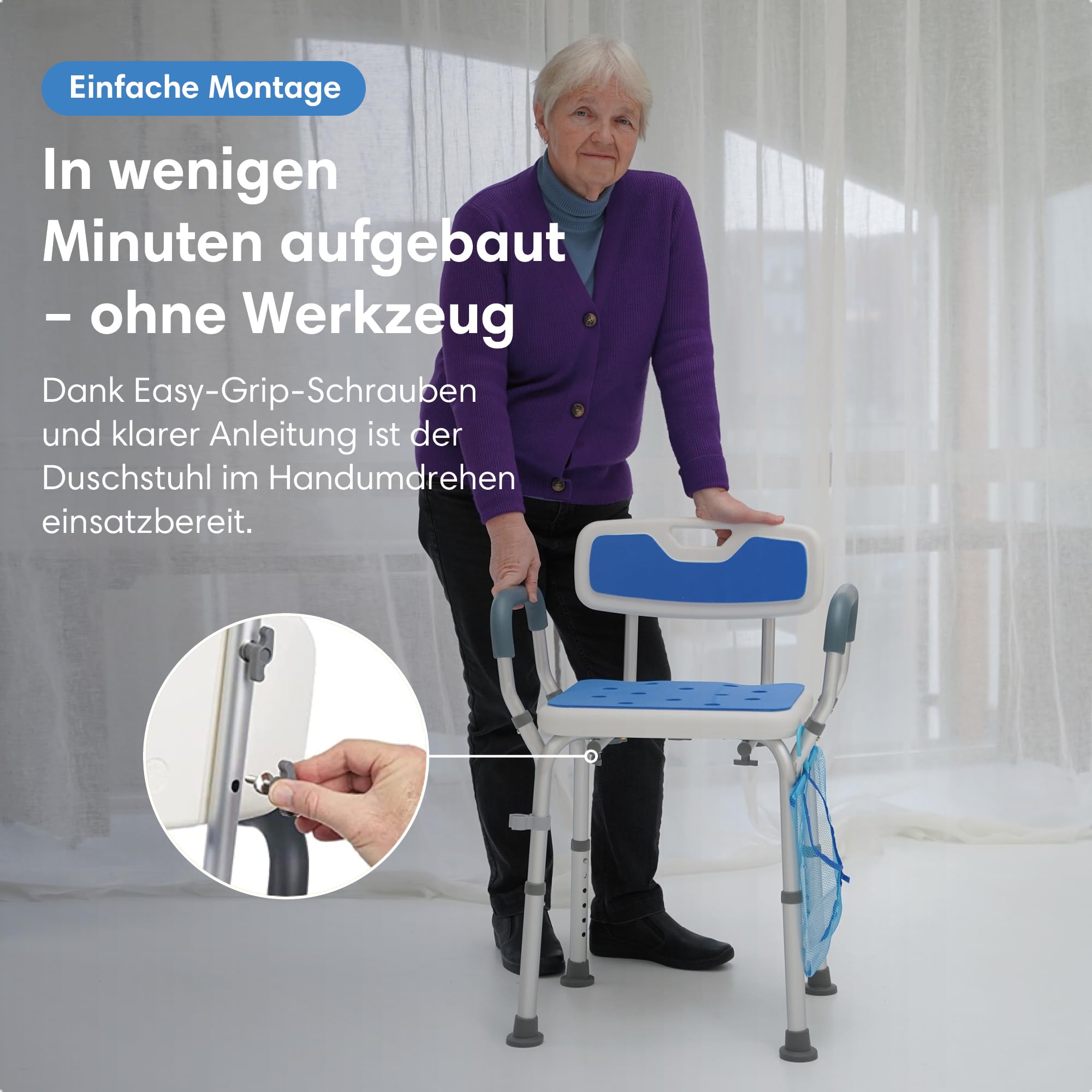 Safe Age® Duschstuhl mit Abnehmbarer Rückenlehne und Armlehne - rutschfest - höhenverstellbar - Duschstuhl für senioren