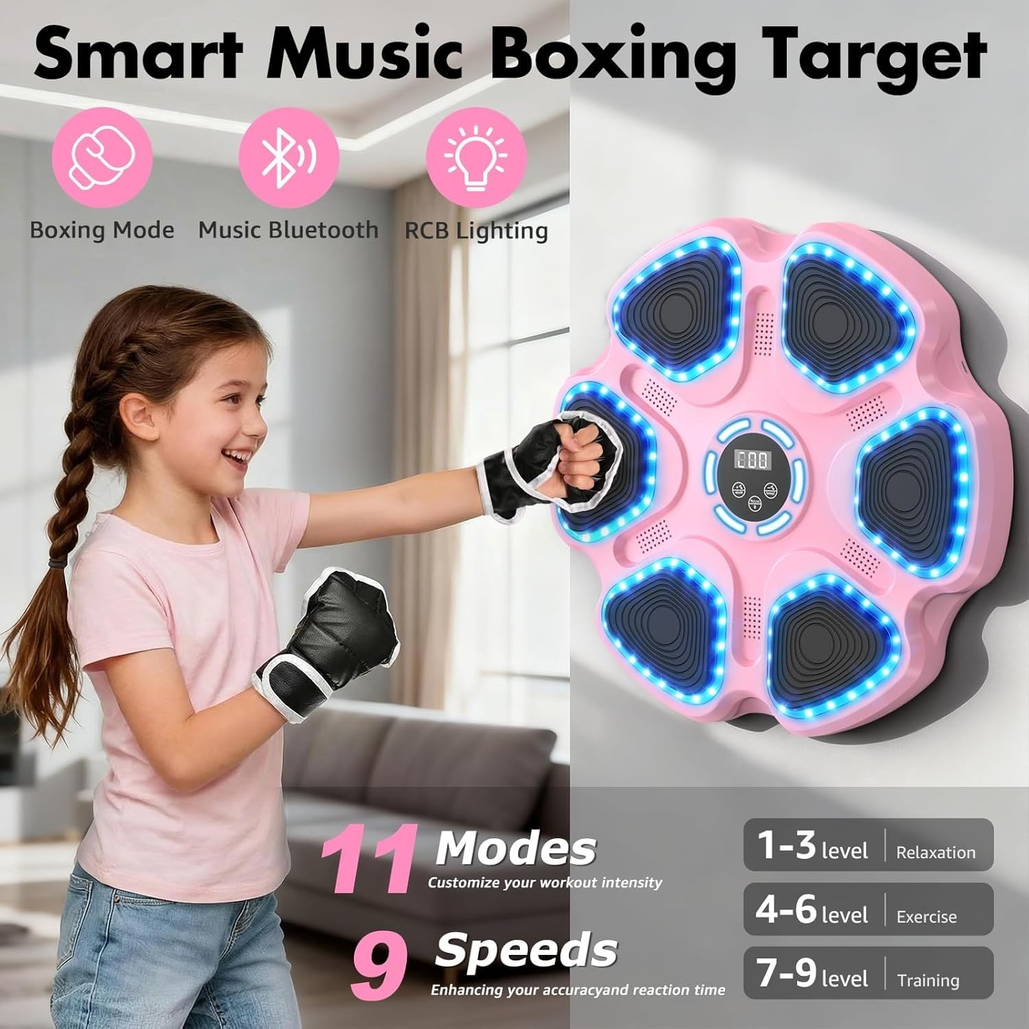 Entrenador de Boxeo Musical, Máquina de Boxeo de música interactiva Inteligente para niños y Adultos, 9 Modos de Velocidad, Almohadilla electrónica montada en la Pared para Fitness en el hogar